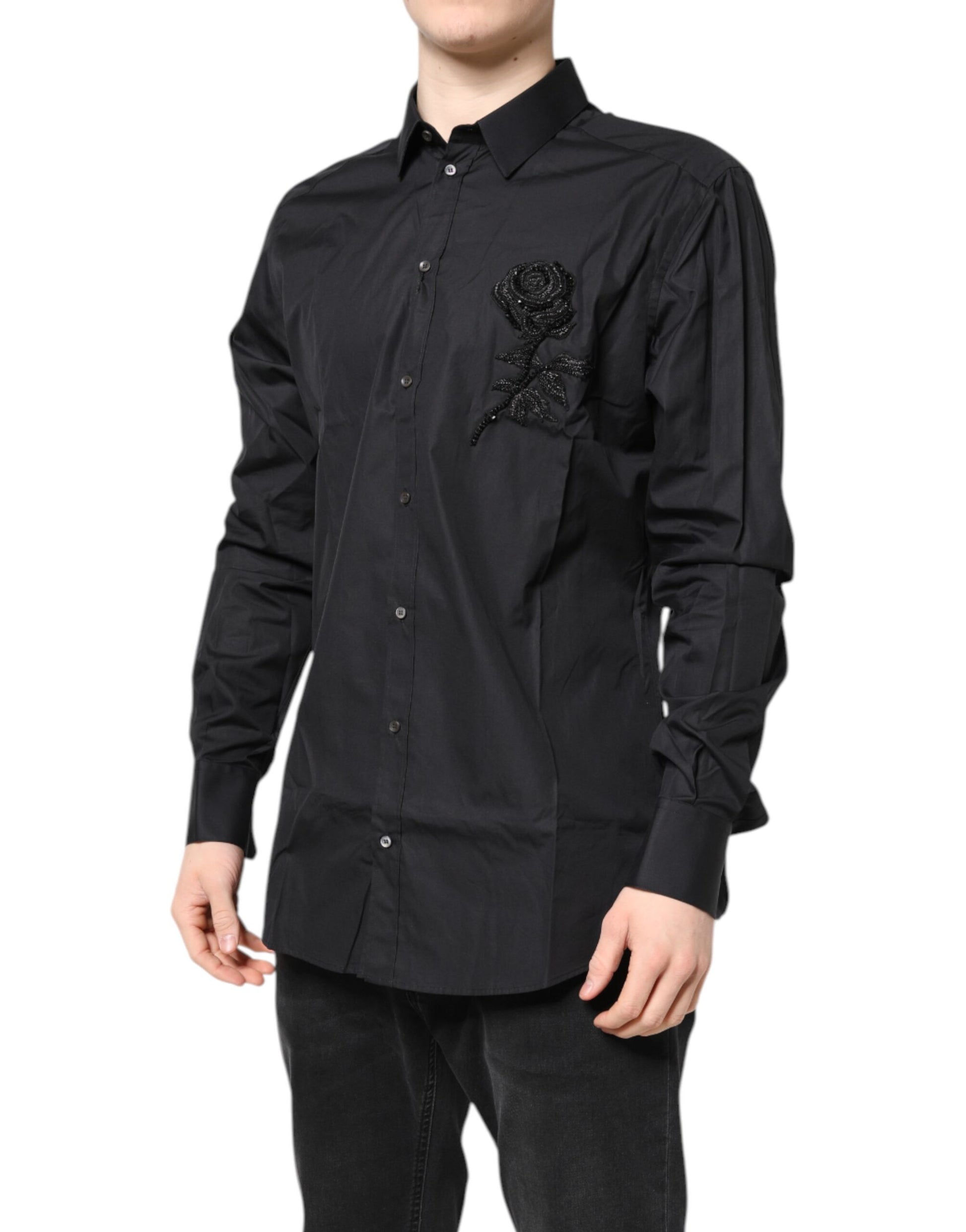 Black Floral Gold Cotton Dress Formal Shirt