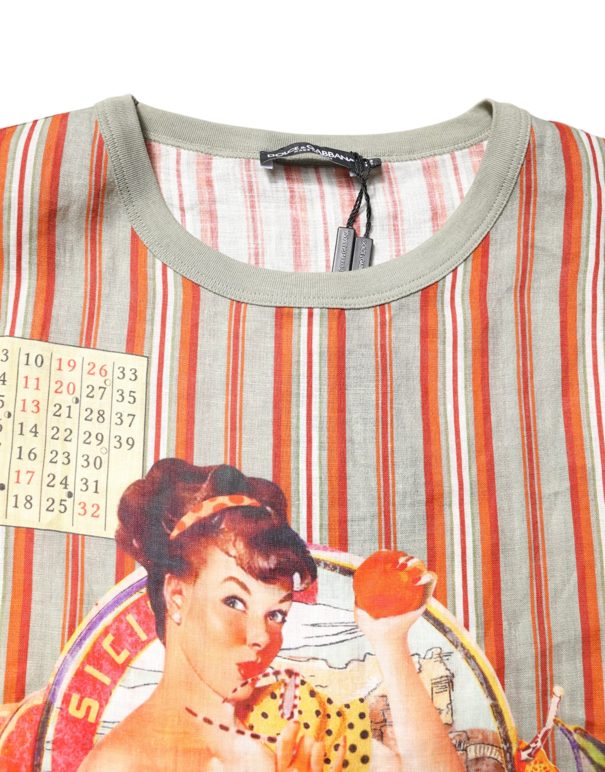 Multicolor Striped Graphic Linen Round Neck T-shirt