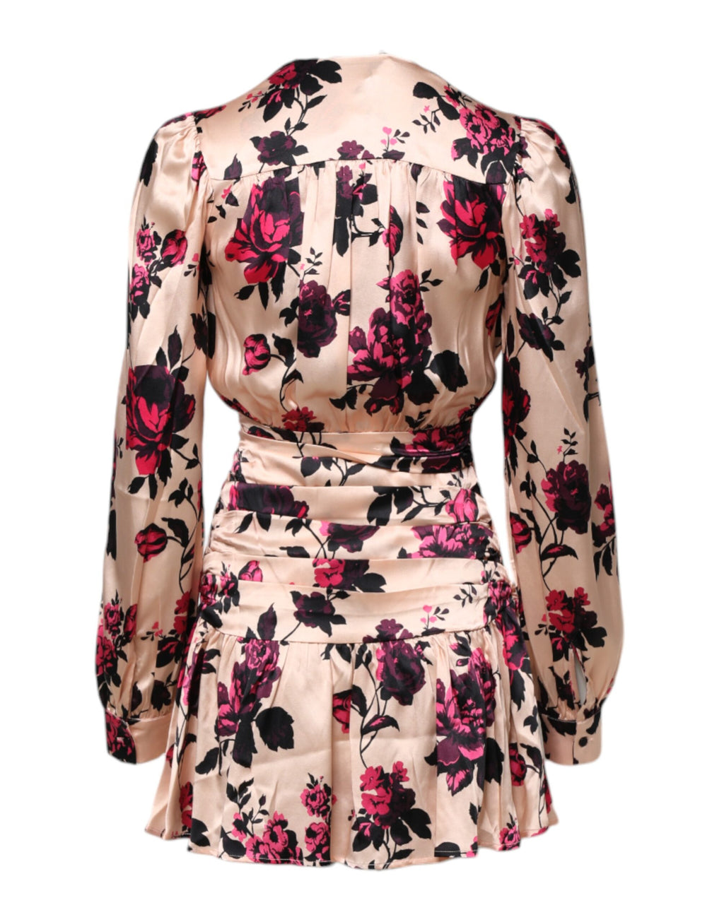 Pink Floral Silk Long Sleeves V-neck Wrap Mini Dress