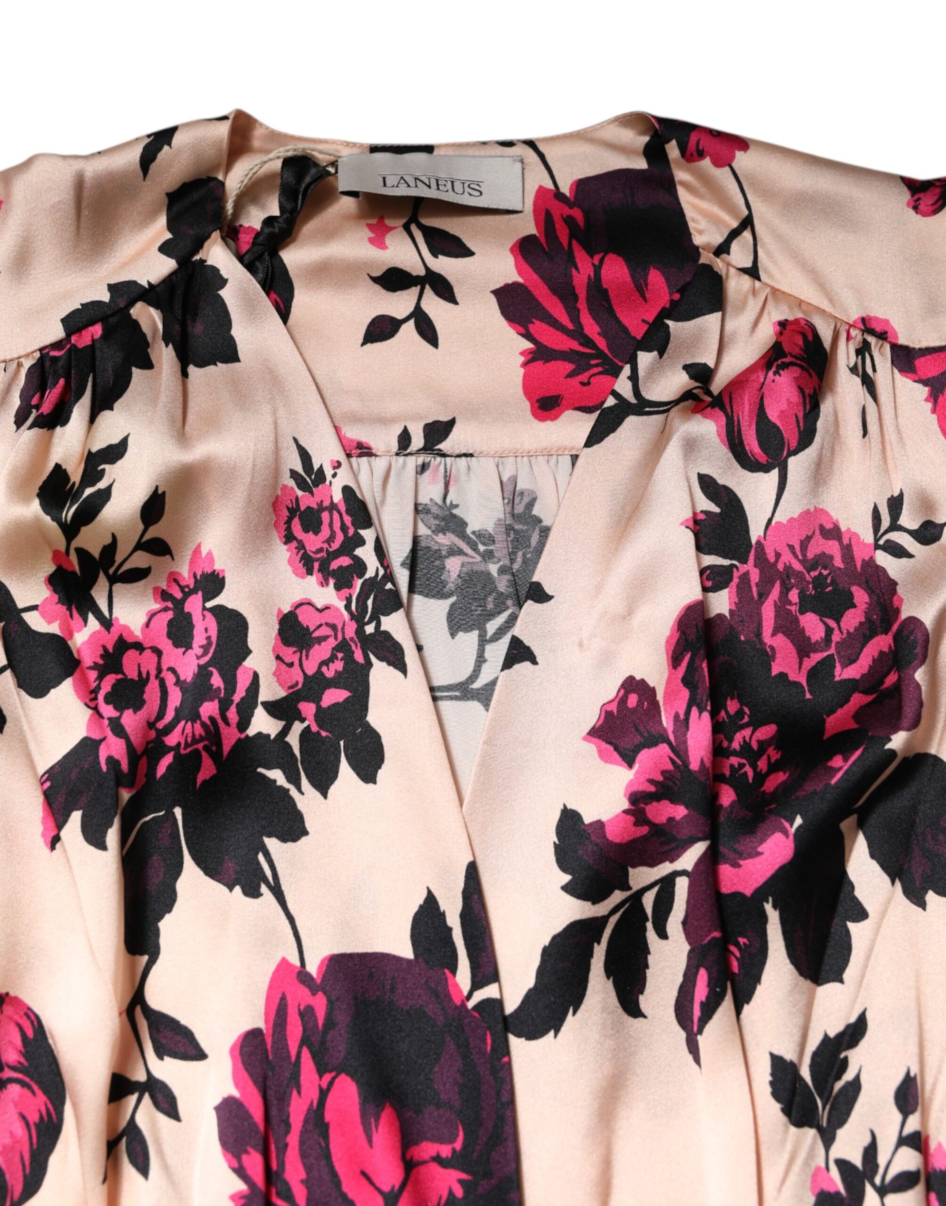 Pink Floral Silk Long Sleeves V-neck Wrap Mini Dress