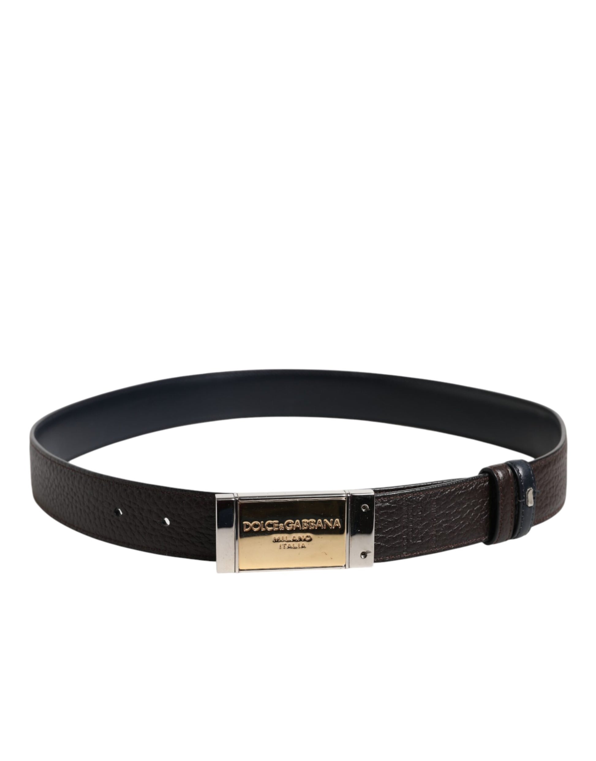 Black Blue Leather Gold Buckle Reversible Belt