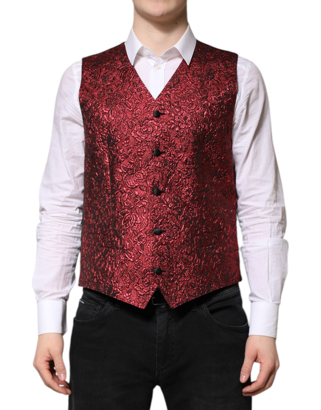 Red Floral Brocade Formal Men Waistcoat Vest