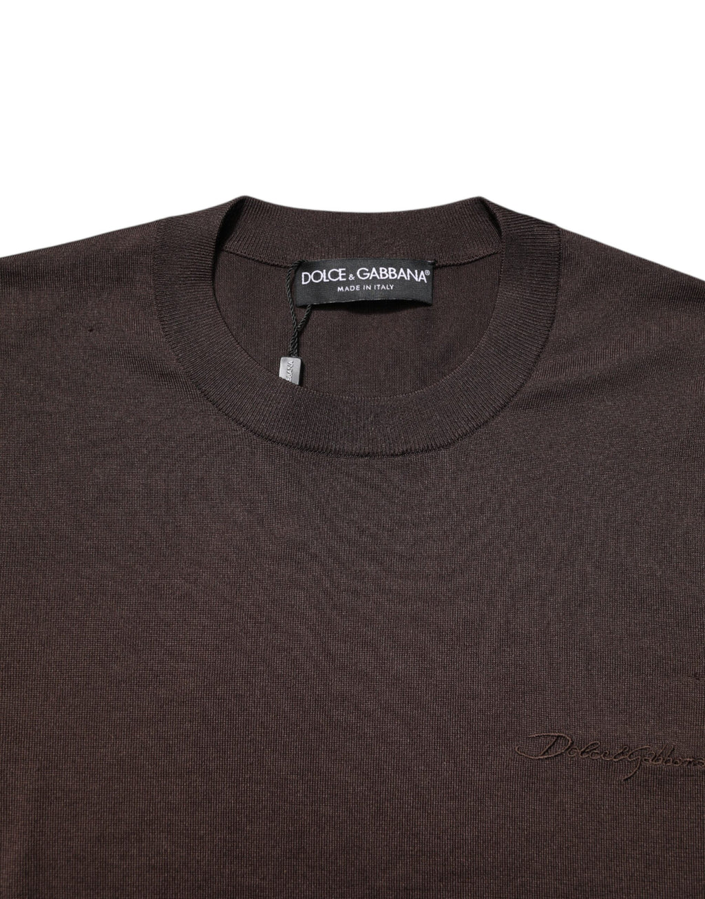 Brown Silk Logo Embroidery Crew Neck T-shirt