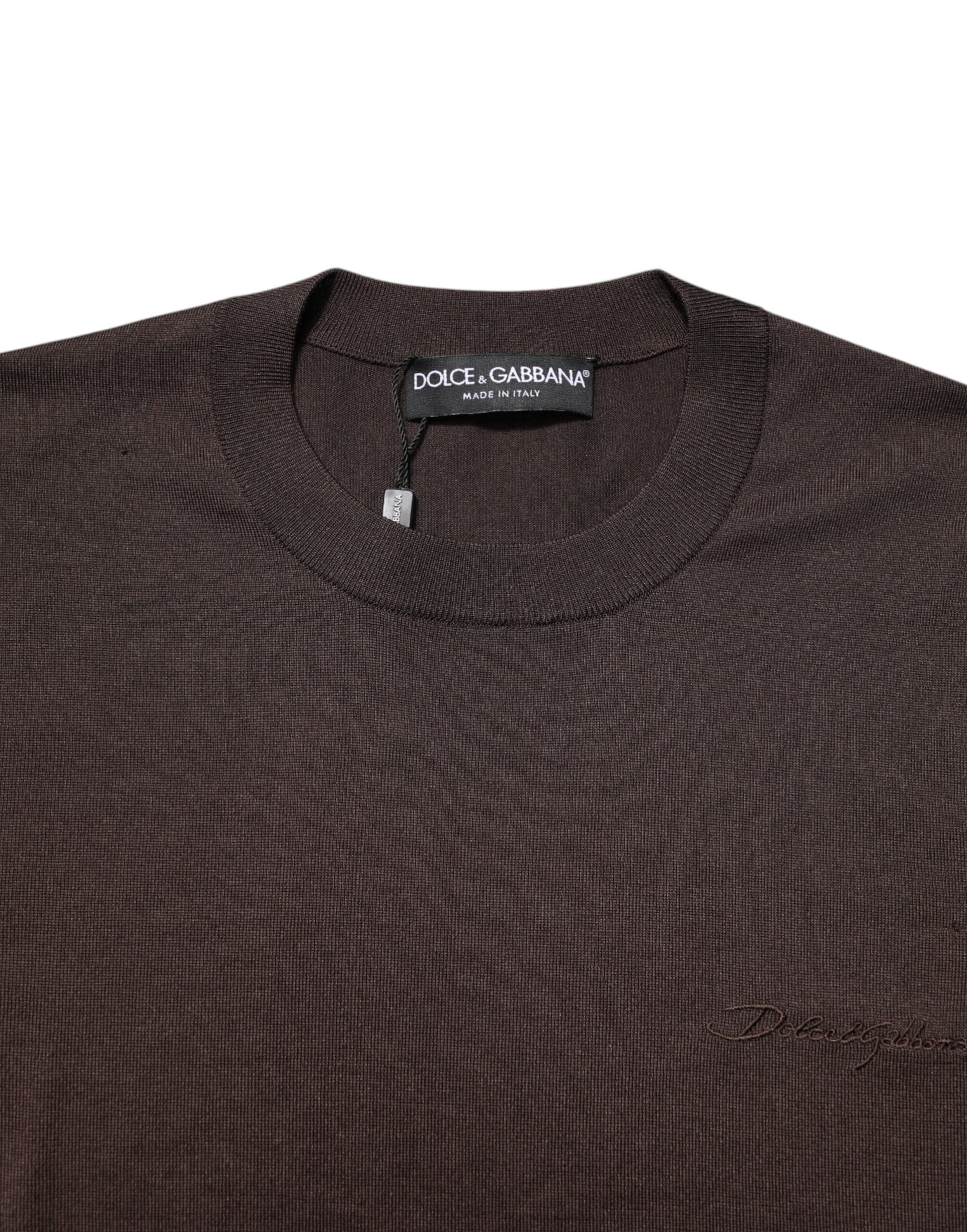 Brown Silk Logo Embroidery Crew Neck T-shirt