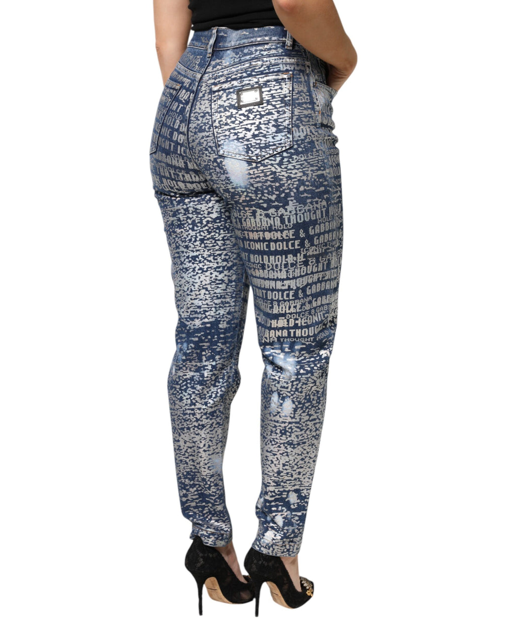 Blue Washed Print High Waist Denim Jeans