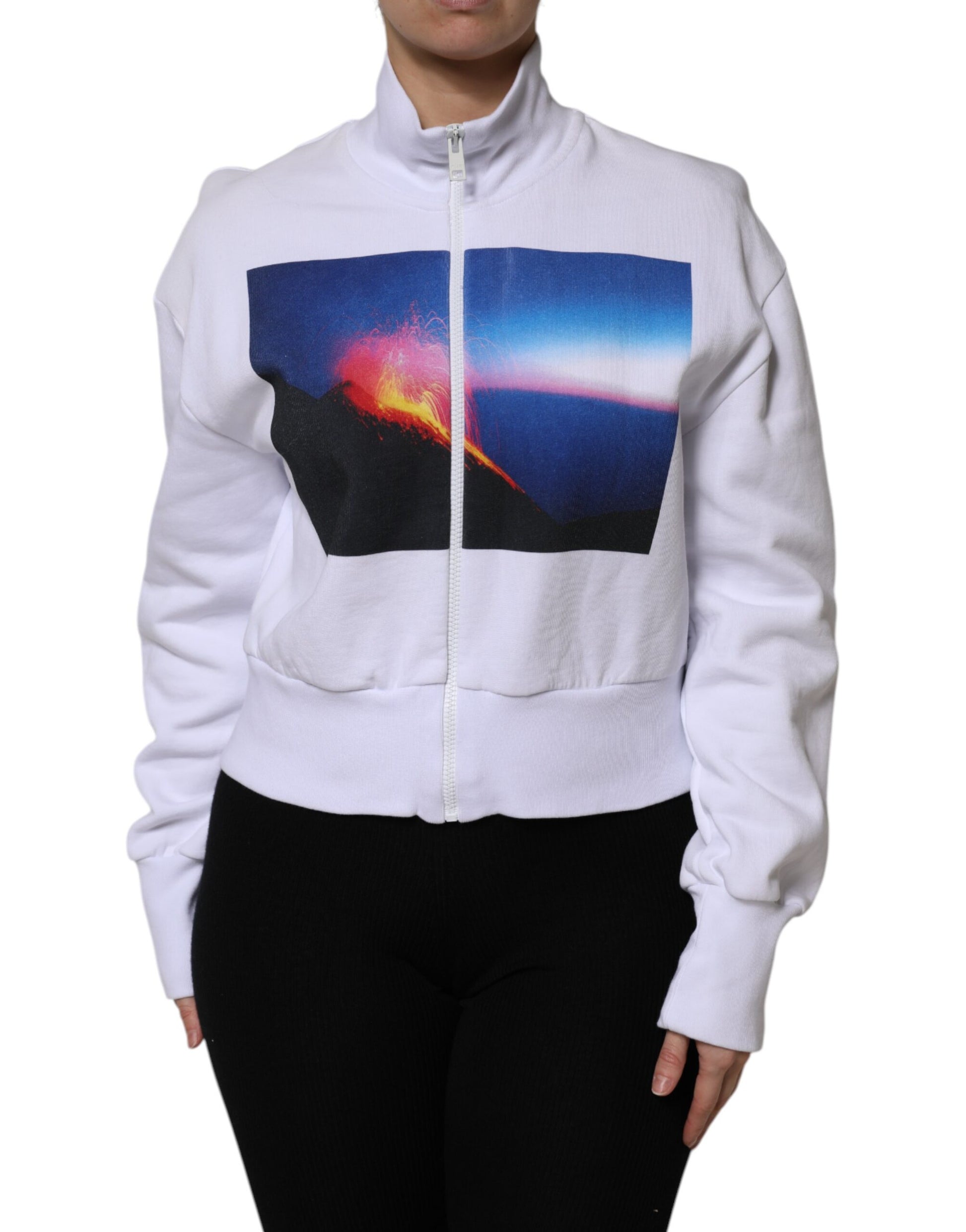 White Graphic Print Cotton Long Sleeves Full Zip Bomber Jacket