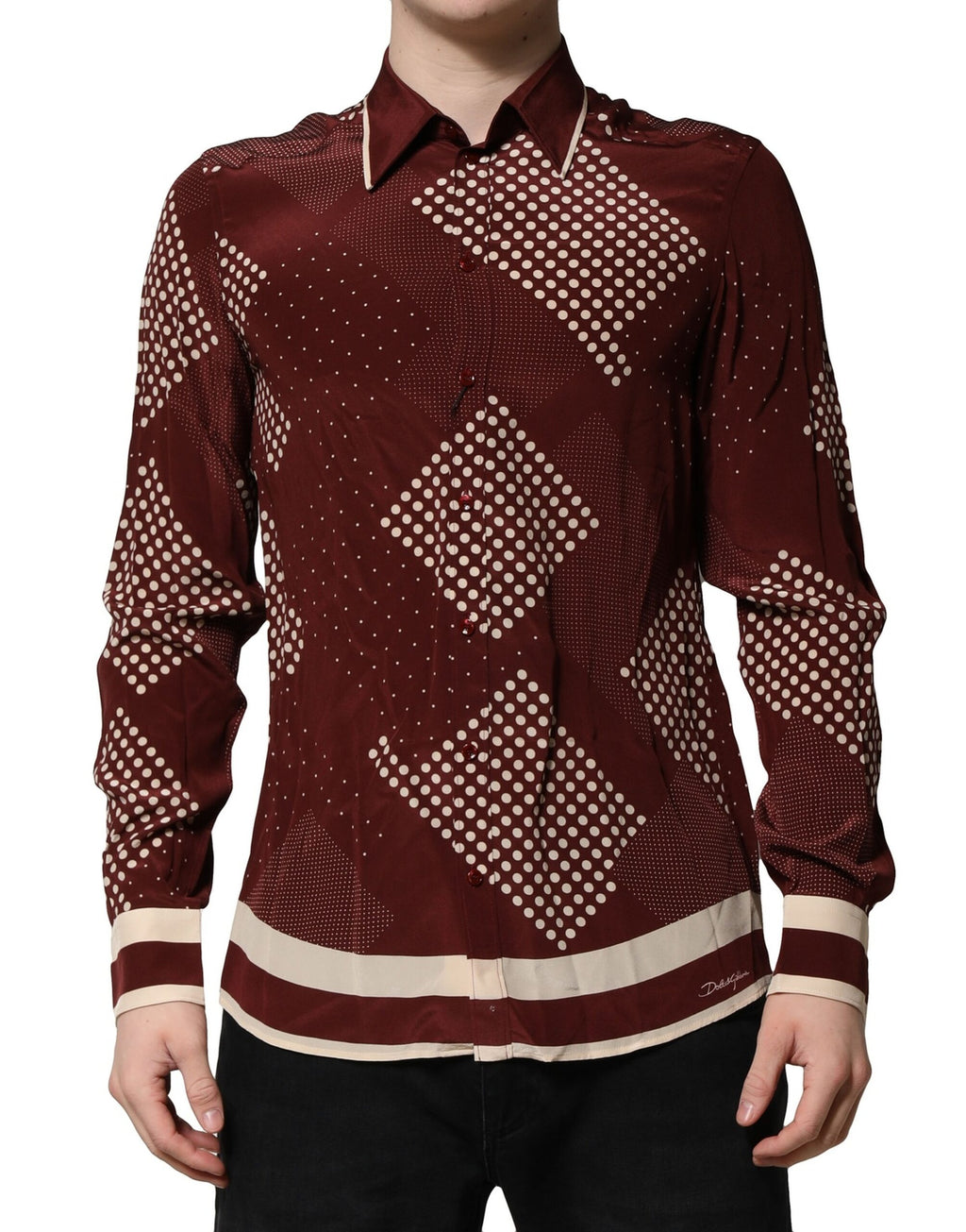 Maroon Dotted Silk Long Sleeve Casual Shirt