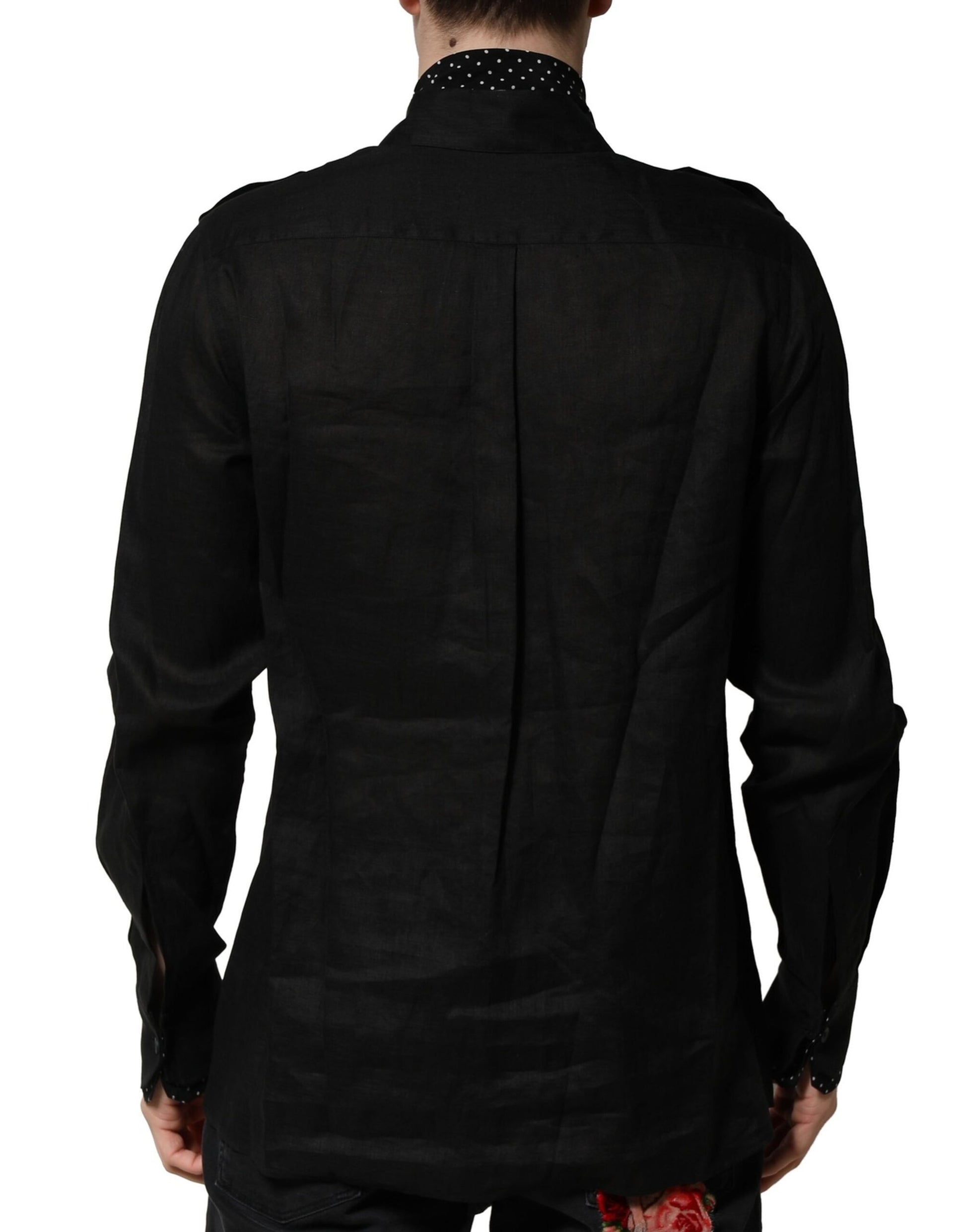 Black Polka Dot Linen Silk Men Casual Shirt