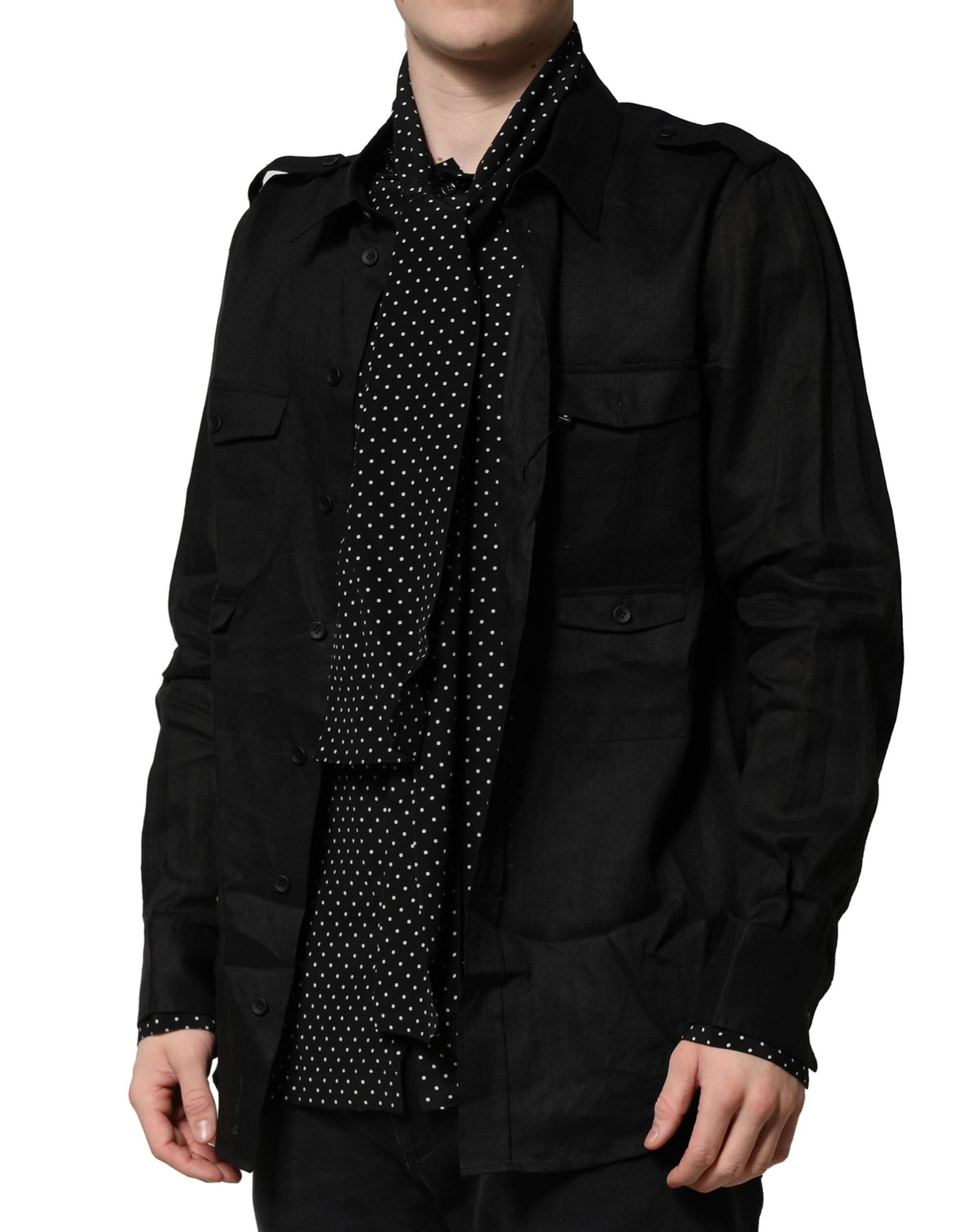 Black Polka Dot Collar Tie Neck Casual Shirt