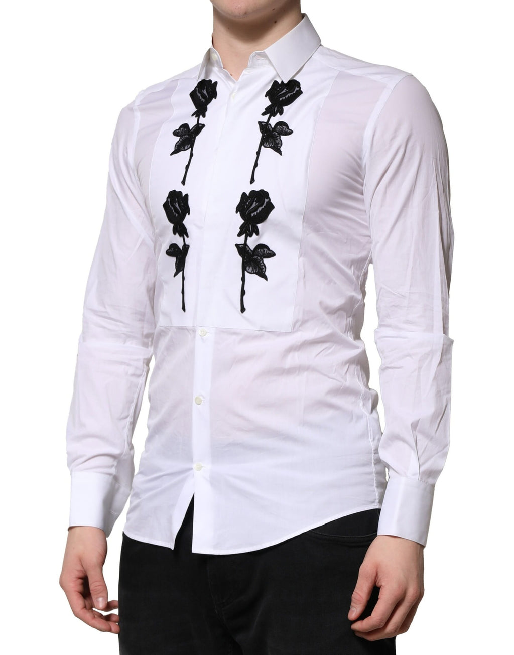 White Floral Embroidery Men GOLD Formal Shirt