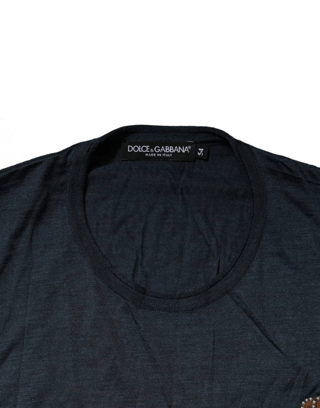 Dark Blue Silk Logo Patch Crew Neck T-shirt