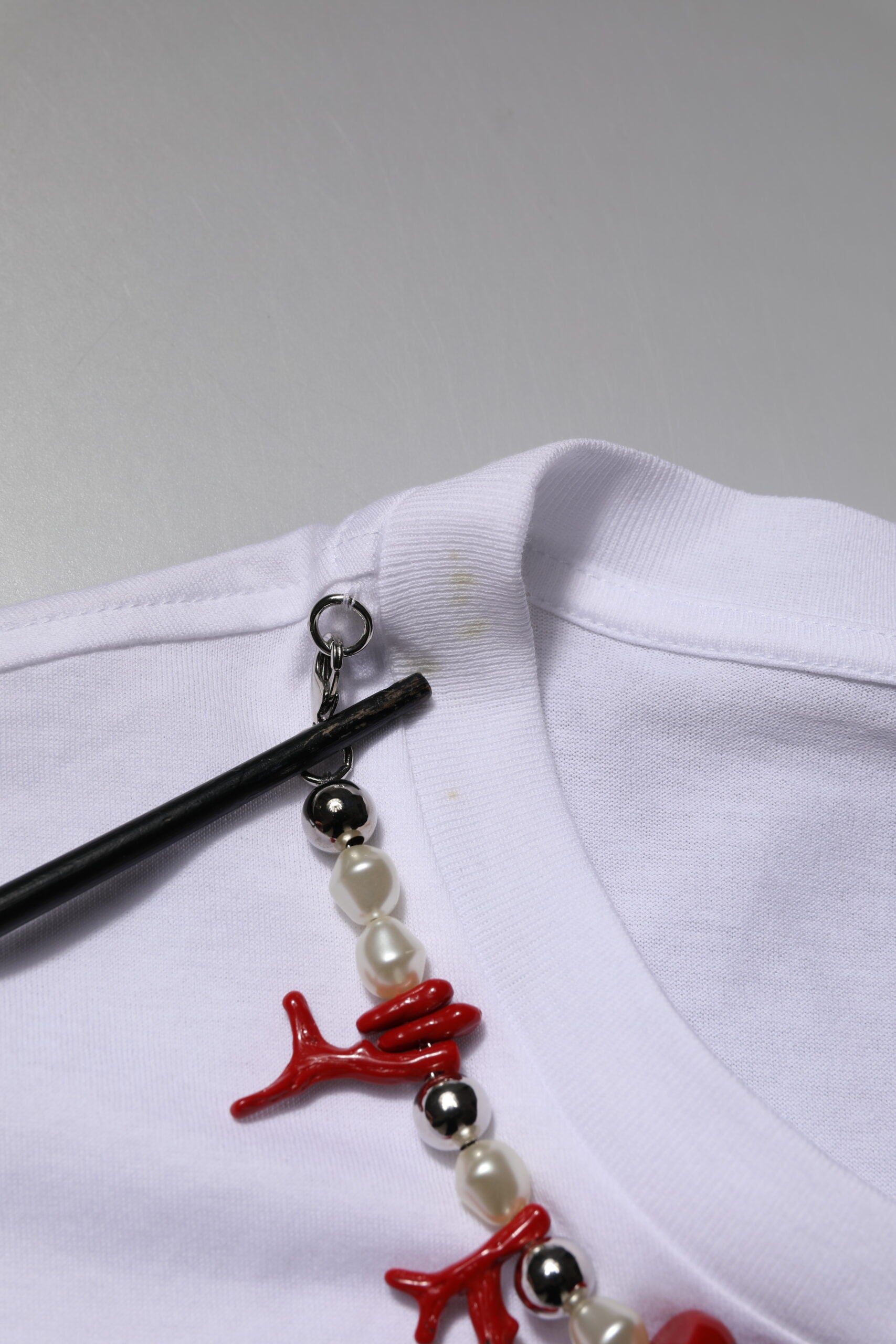 White Embellished Cotton Crew Neck T-shirt