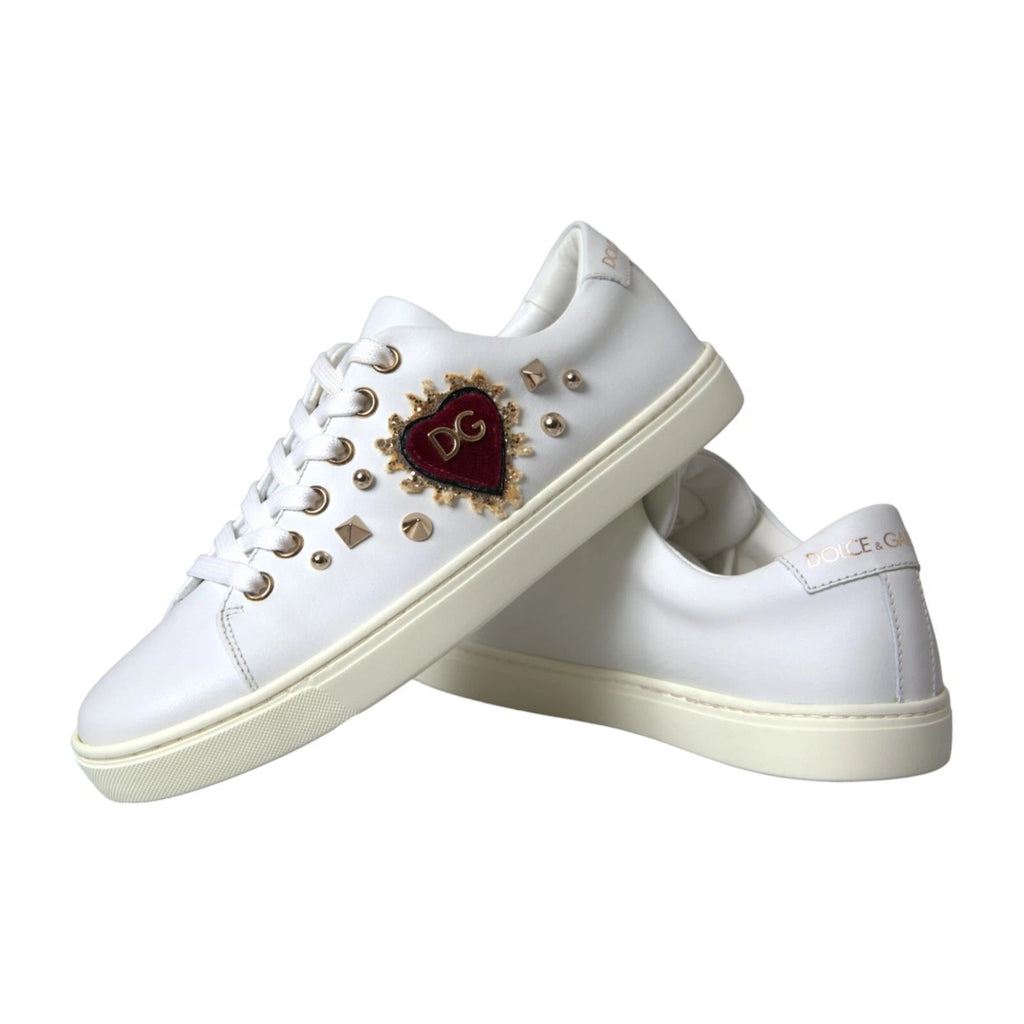 White Leather Gold Red Heart Sneakers Shoes