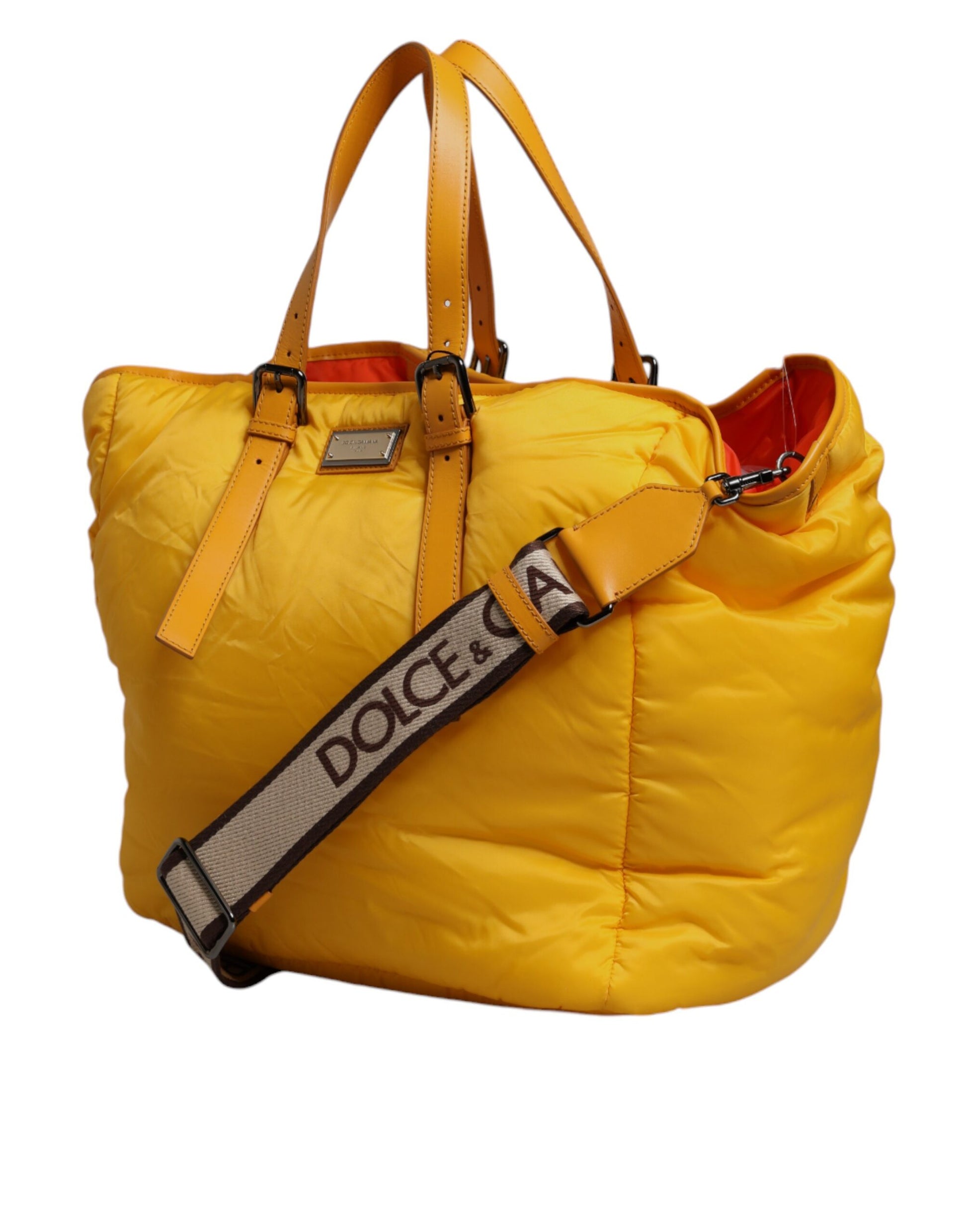Yellow Orange Nylon Logo Plaque Hand Shoulder Tote Bag