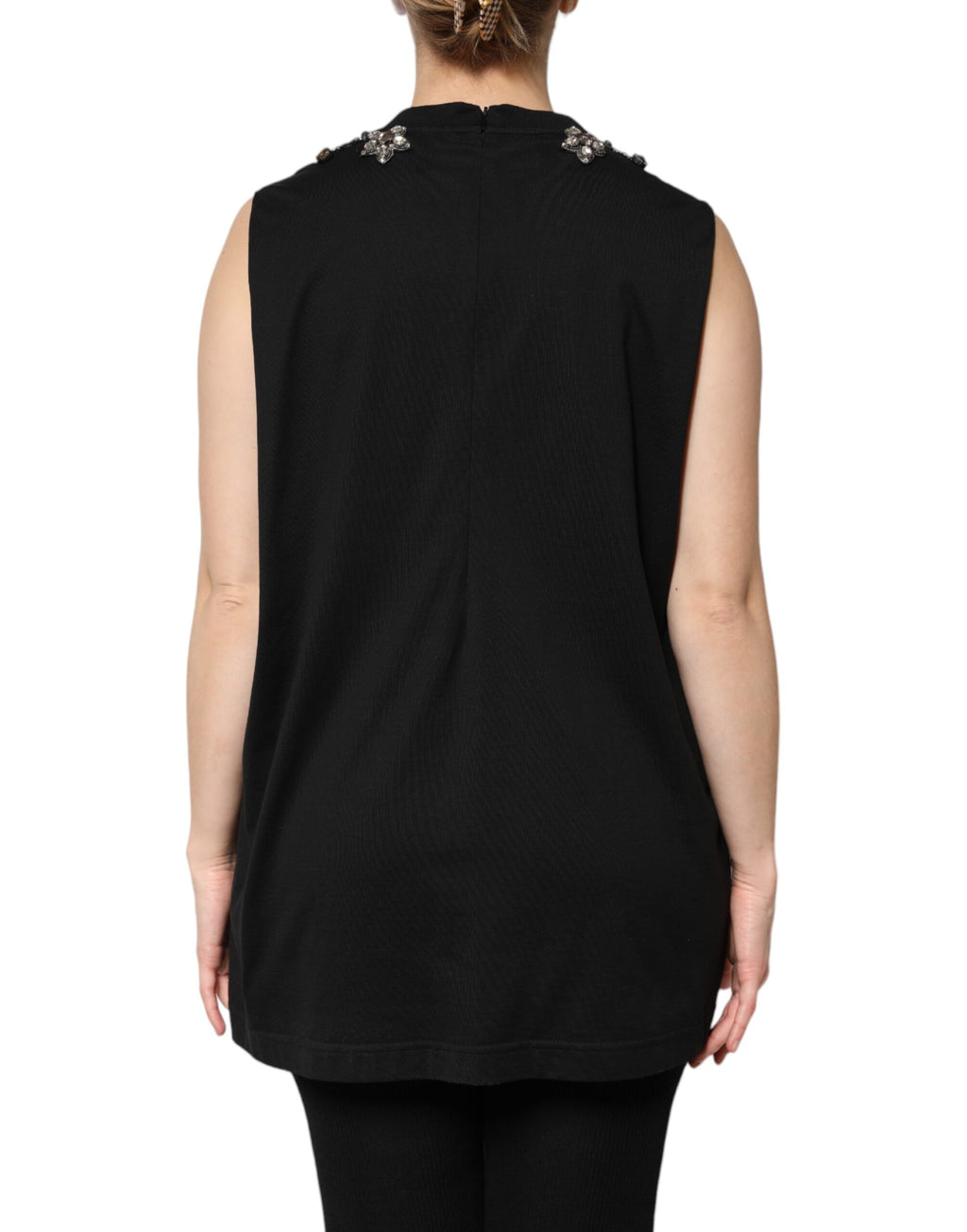 Black Cotton Rhinestone Embellished Tank Top
