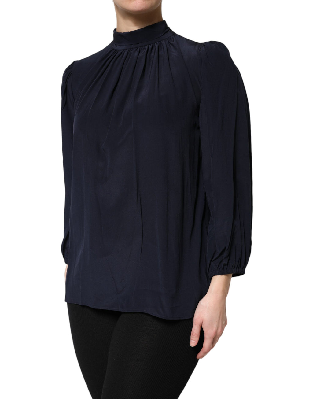 Blue Silk Mock Neck Long Sleeves Blouse Top