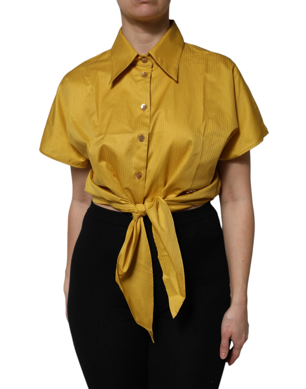 Mustard Collared Short Sleeves Blouse Top