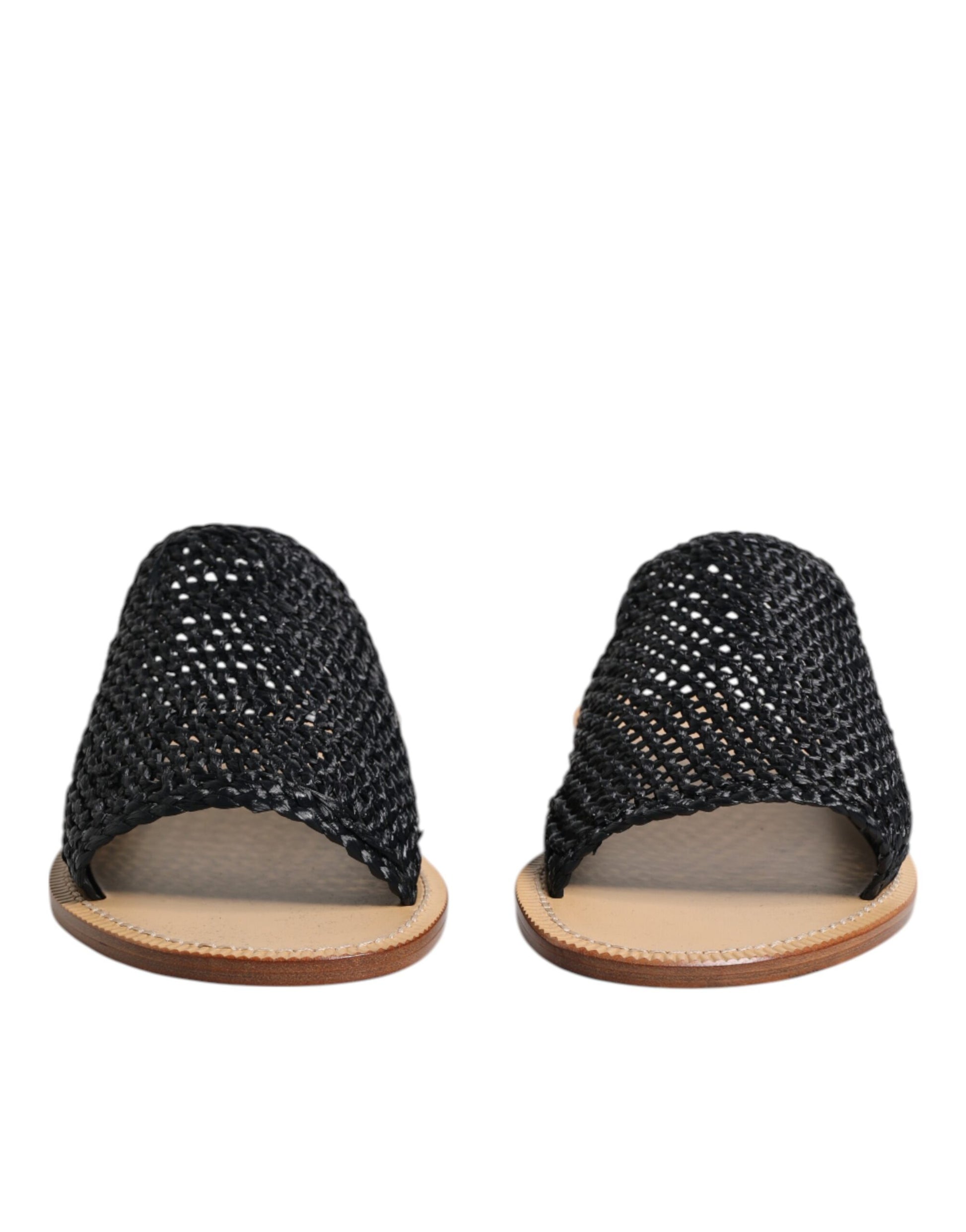 Black Monochrome Braided Raffia Slides Shoes