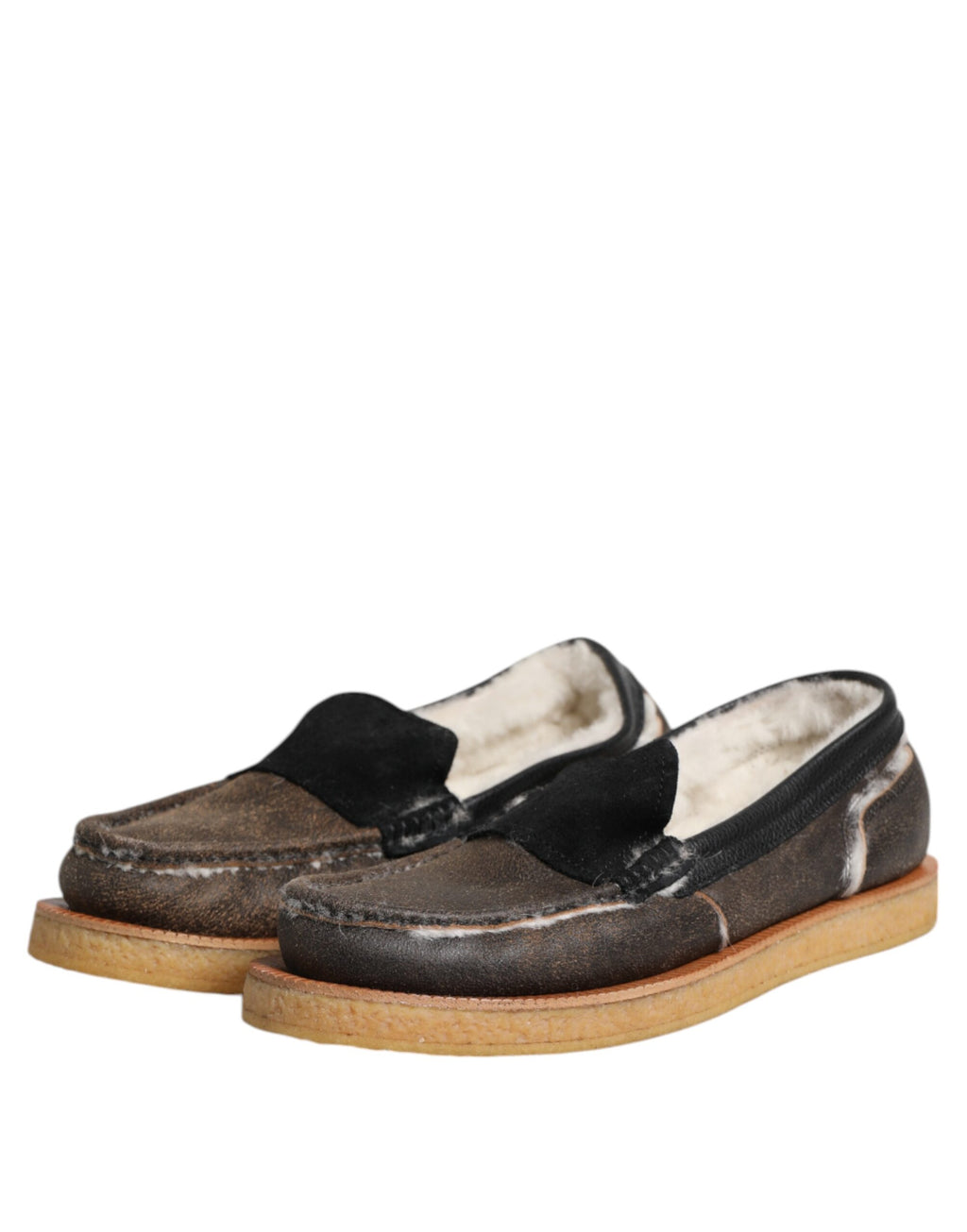 Brown White Calfskin Leather Loafers Shoes