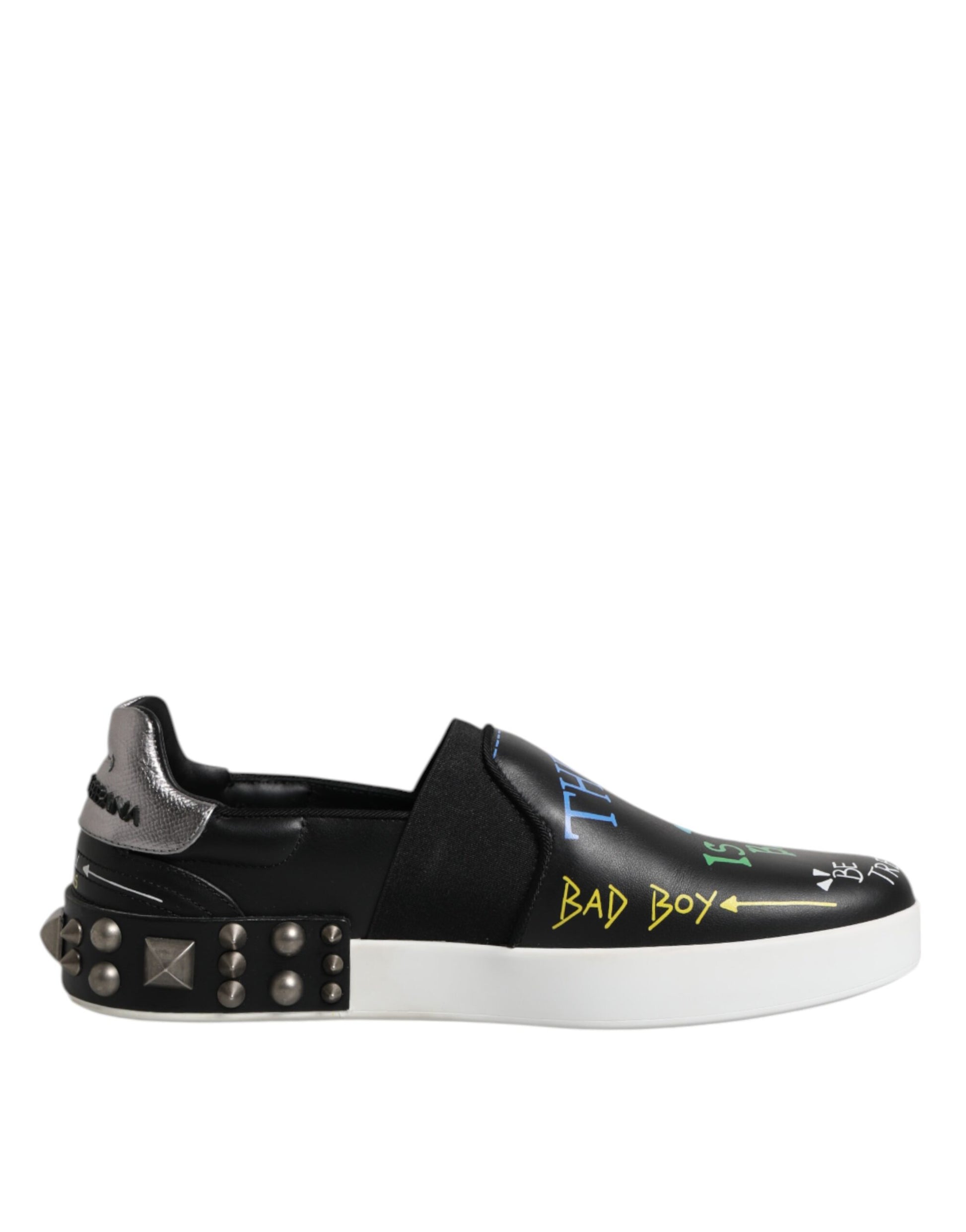 Black Leather Studded Graffiti Sneakers Shoes
