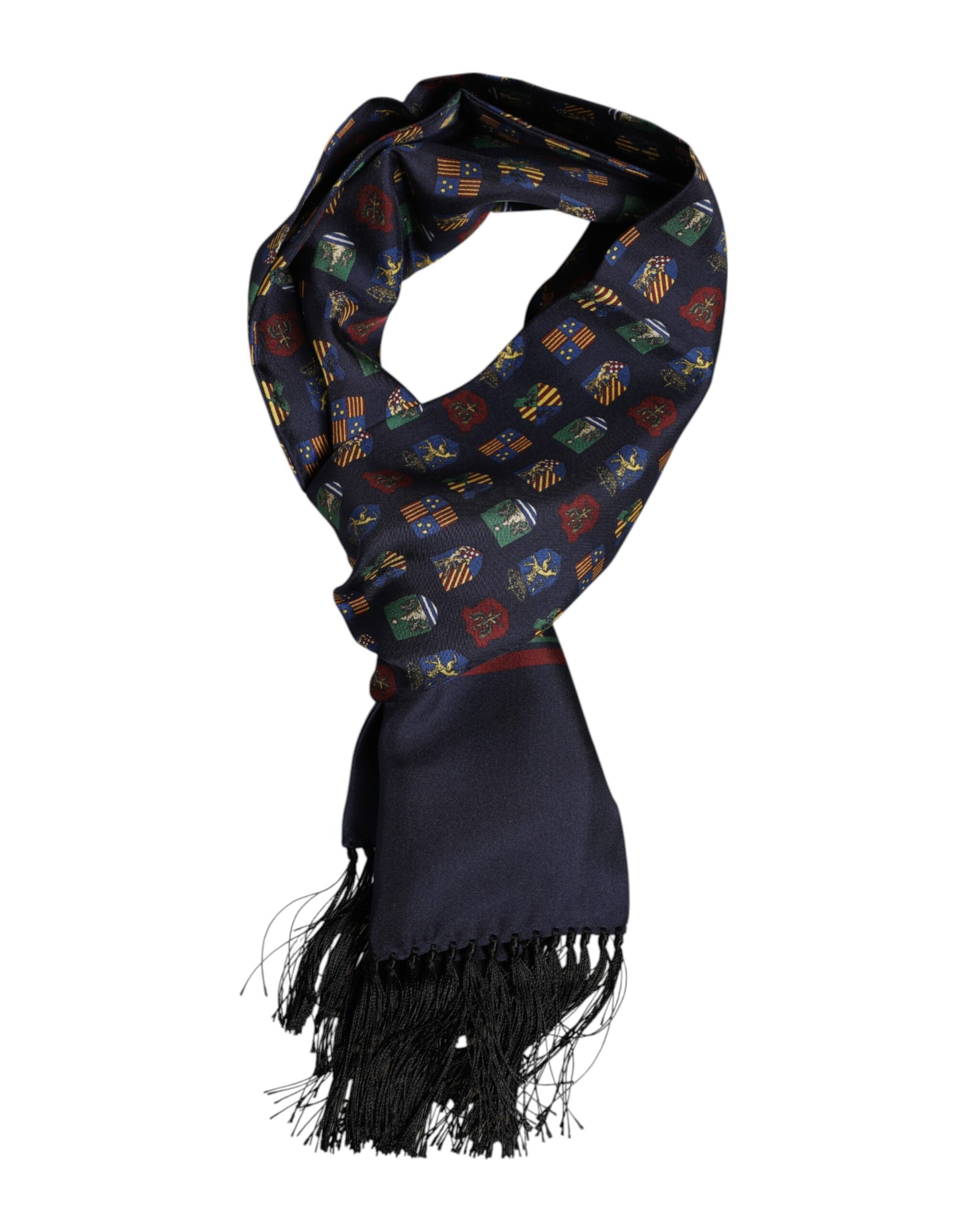 Blue Silk Printed Fringes Foulard Scarf