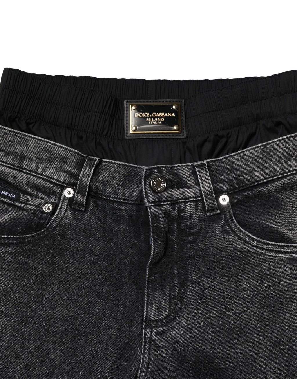 Black Washed Double Waistband Denim Jeans