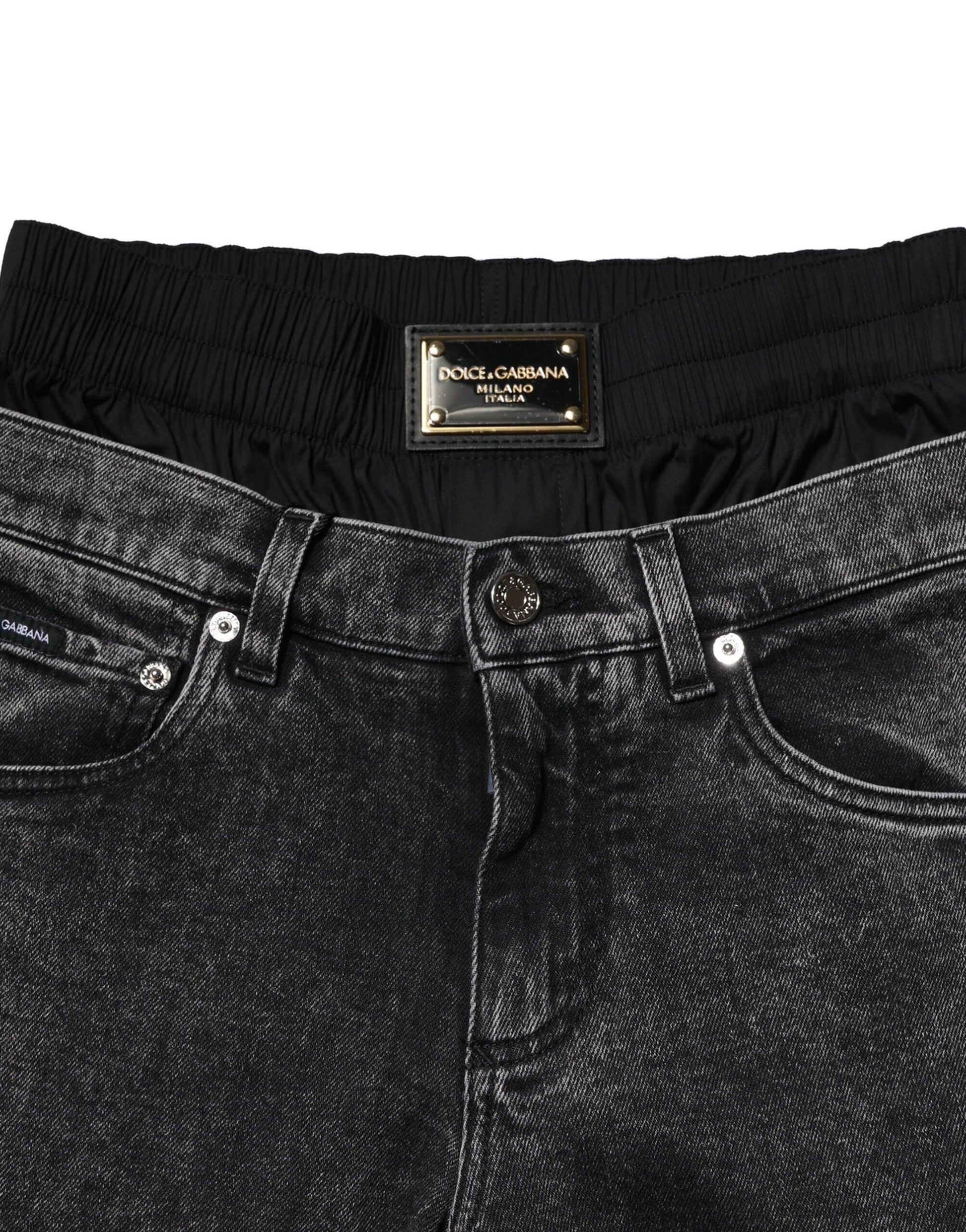 Black Washed Double Waistband Denim Jeans