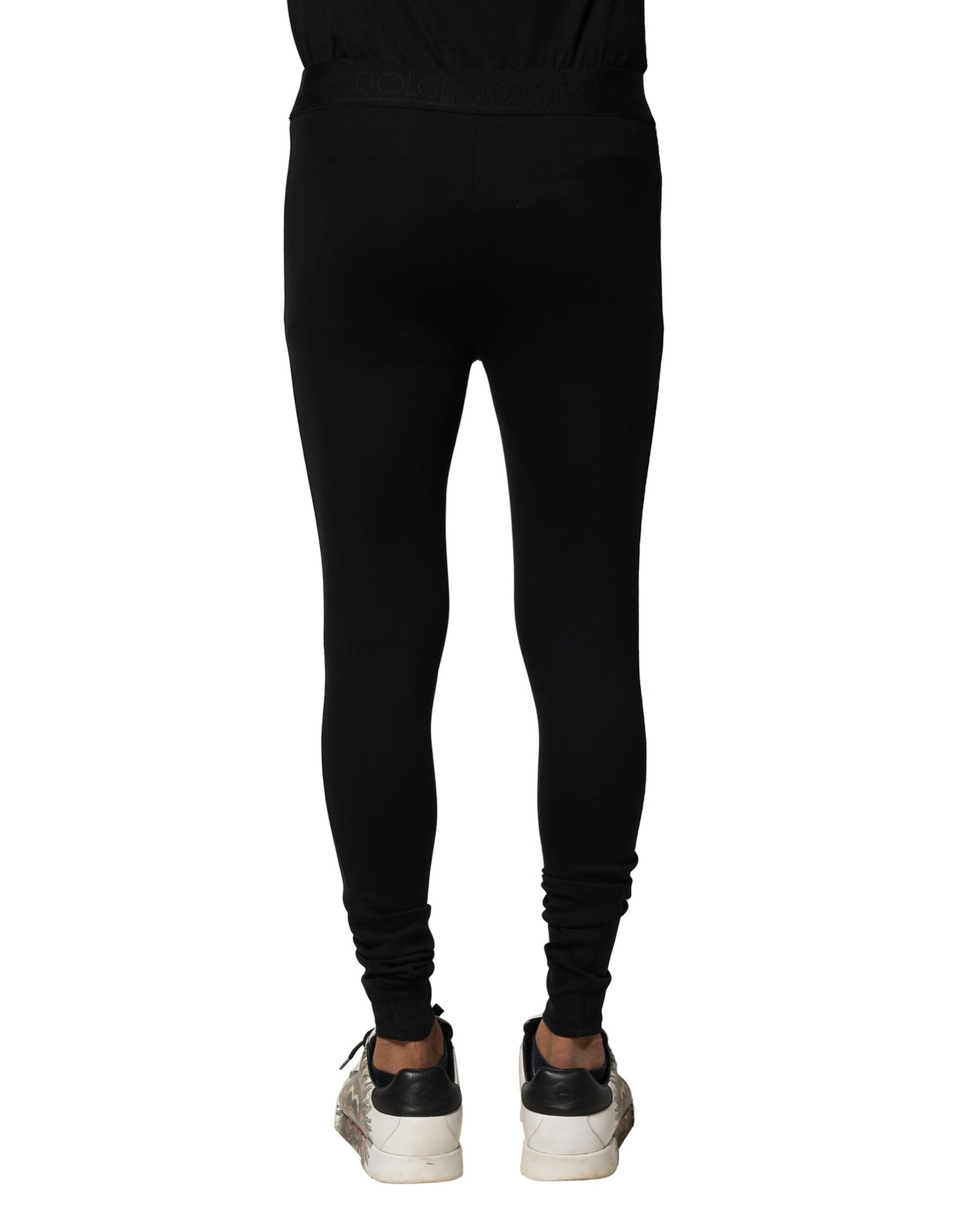 Black Nylon Elastic Logo Men Leggings Pants
