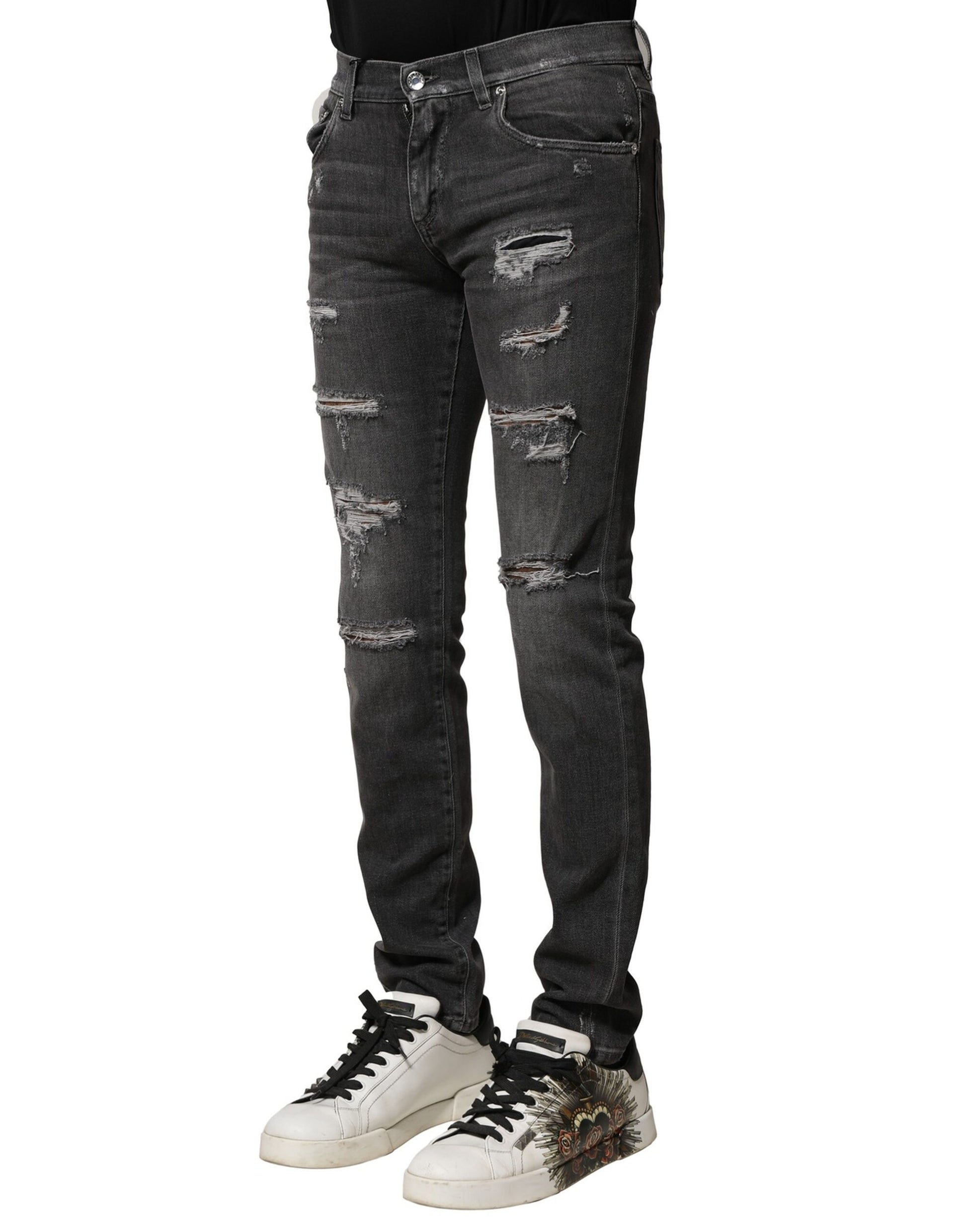 Black Washed Tattered Slim Fit Denim Jeans