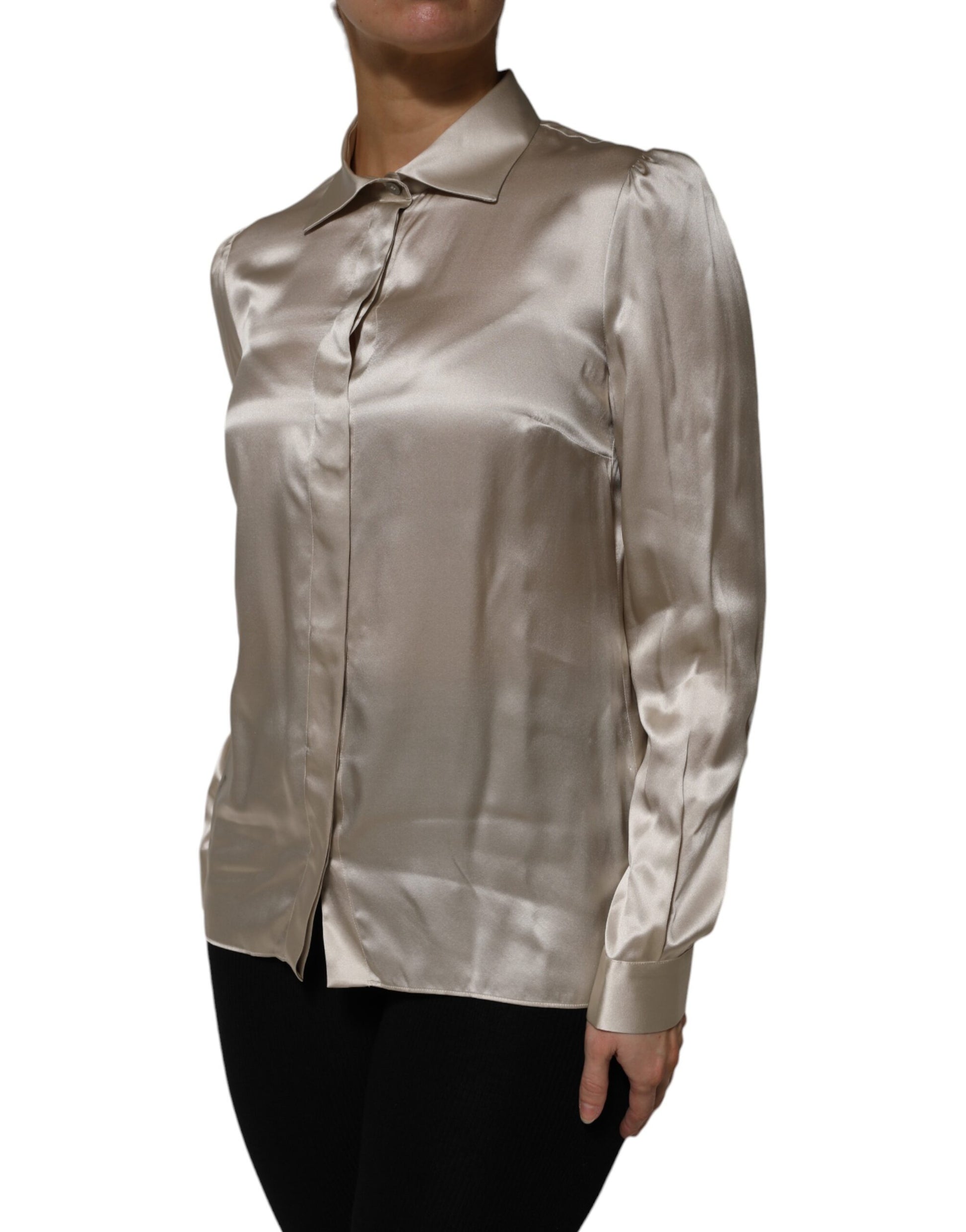 Beige Satin Silk Collared Long Sleeves Top