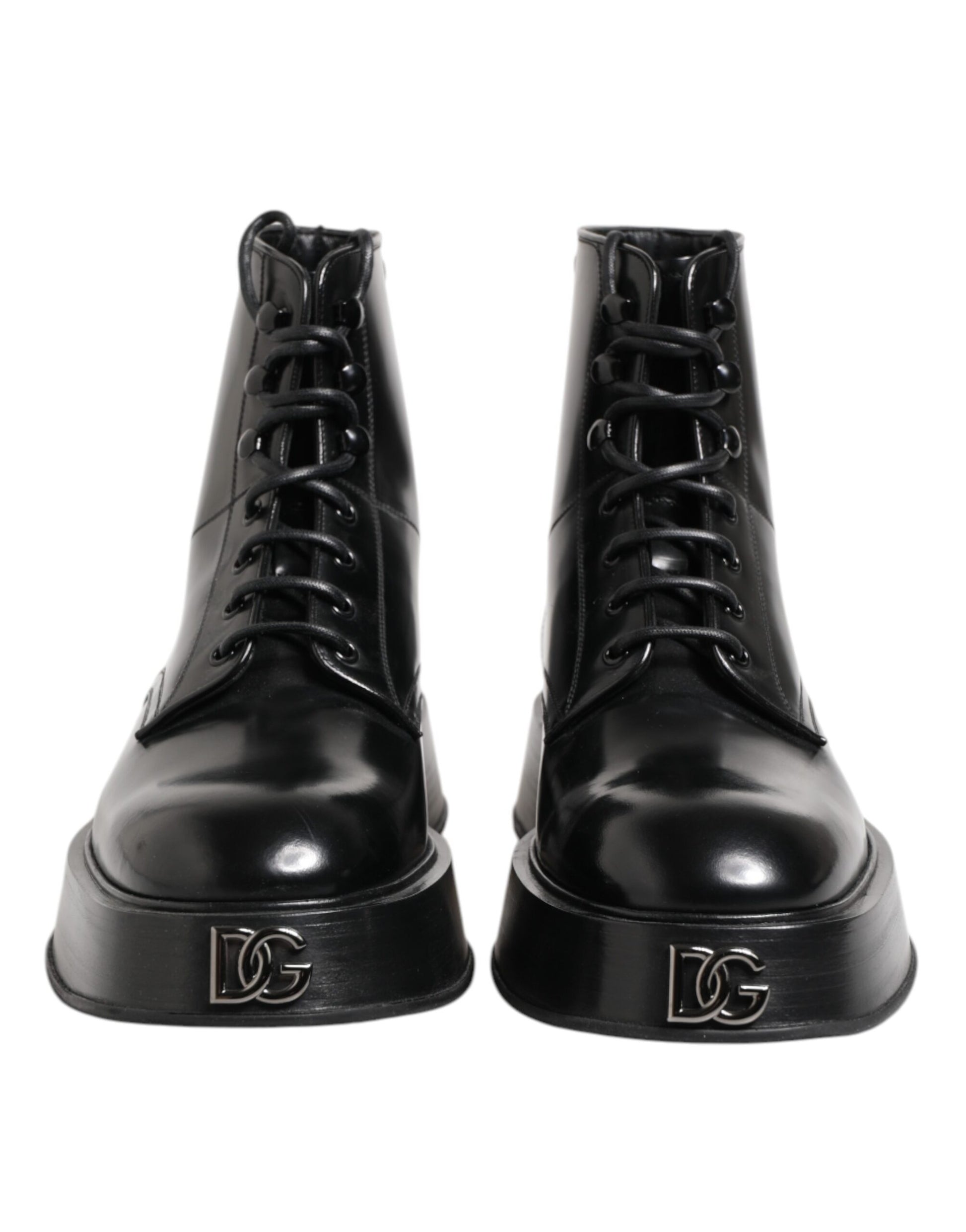 Black Leather Logo Ankle Boots Lace Up Shoes