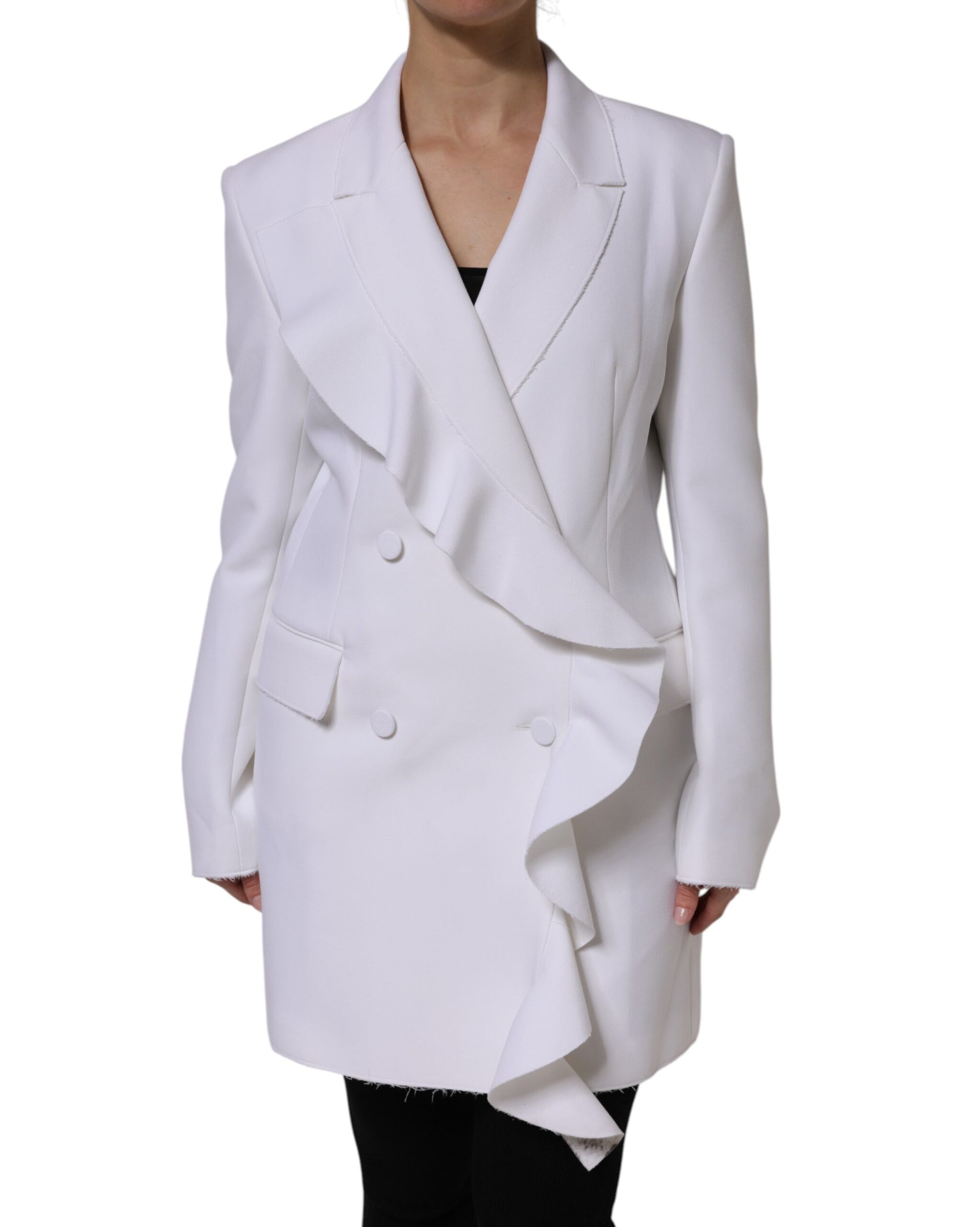 White Polyester Long Sleeves Ruffled Wrap Jacket