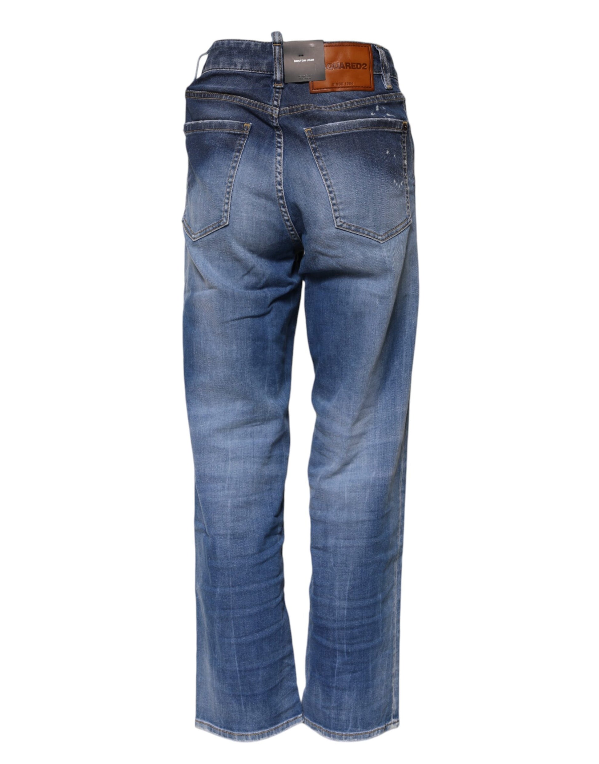 Blue Washed Cotton Mid Waist Straight Jeans