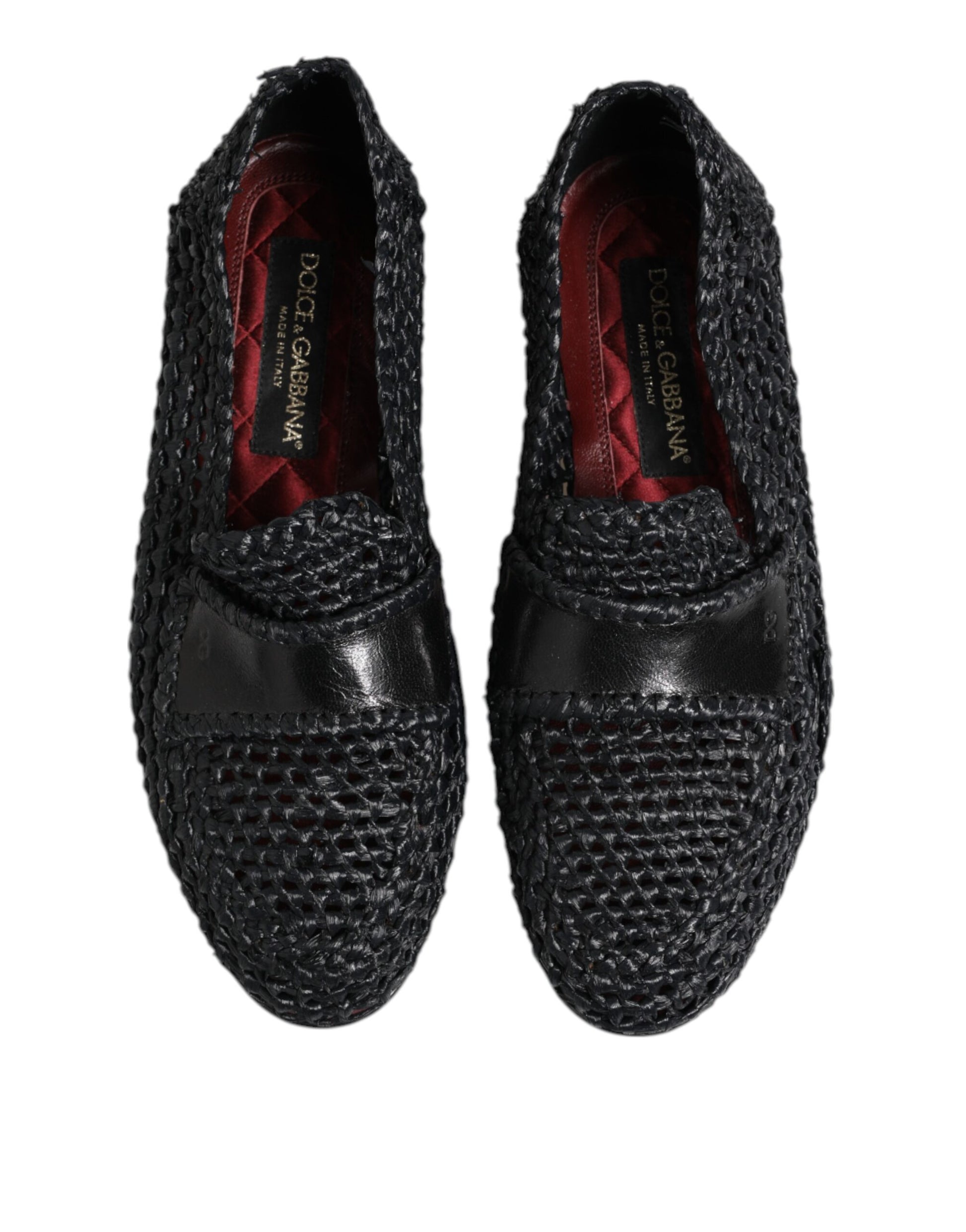 Black Woven Leather Slip On Loafers Men Shoes