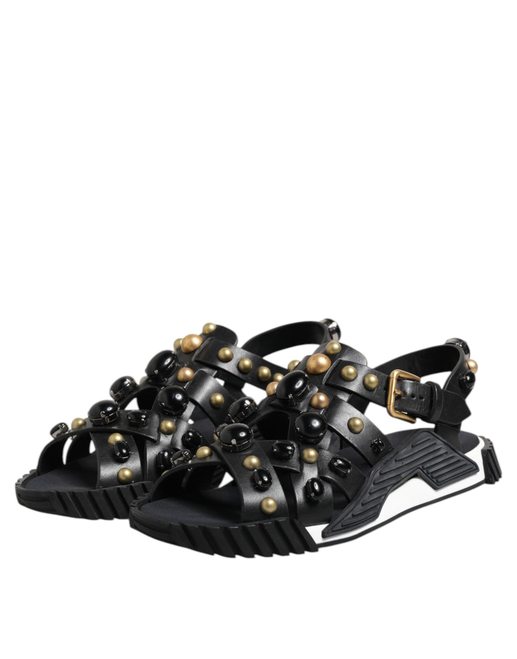 Black Leather Studded Ankle Strap Sandals Shoes