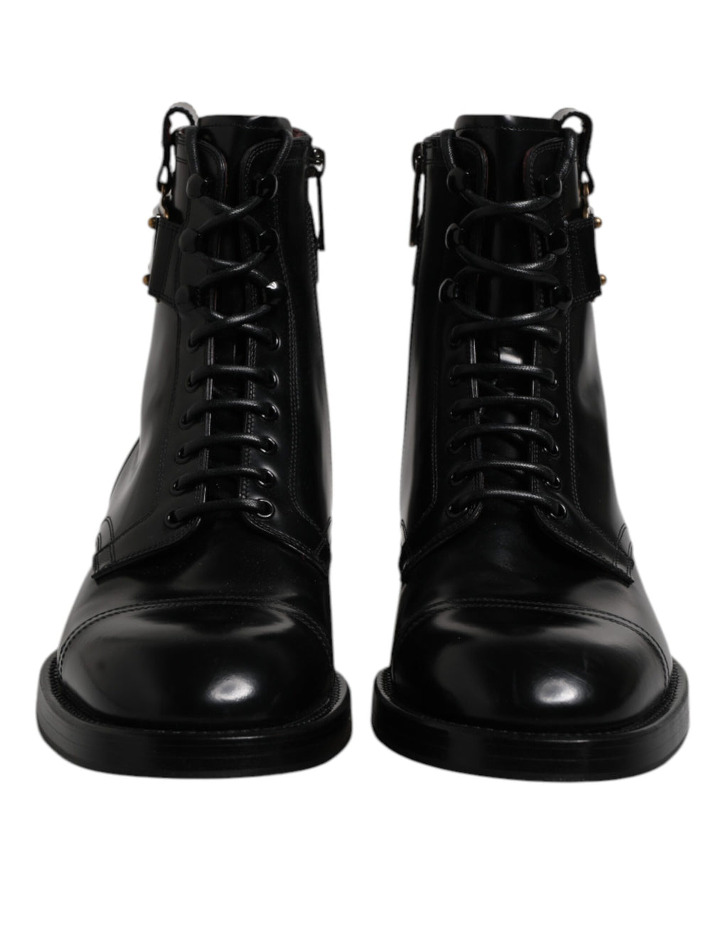 Black Leather Mid Calf Boots Lace Up Shoes