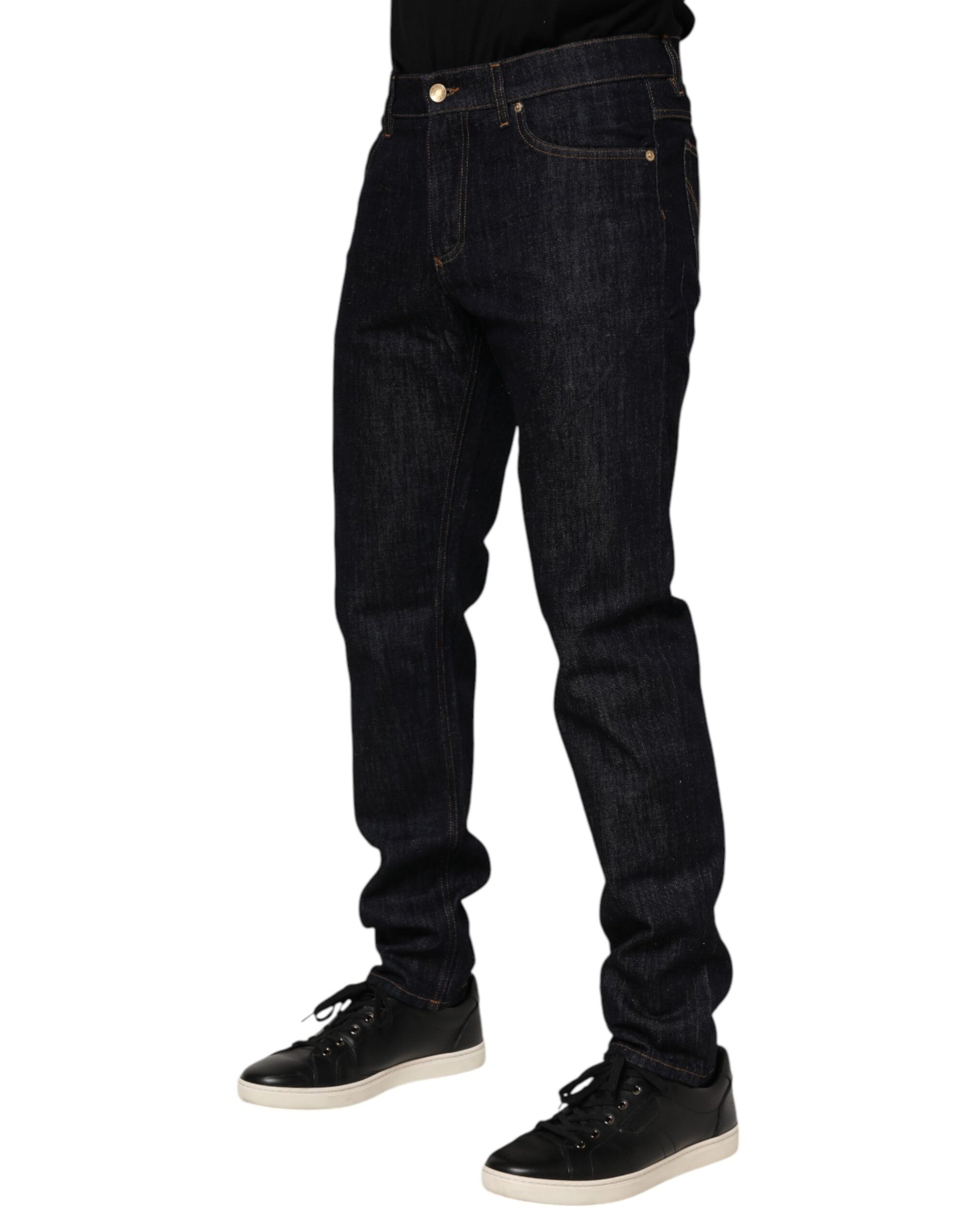 Dark Blue Cotton Logo Plaque Men Denim Jeans