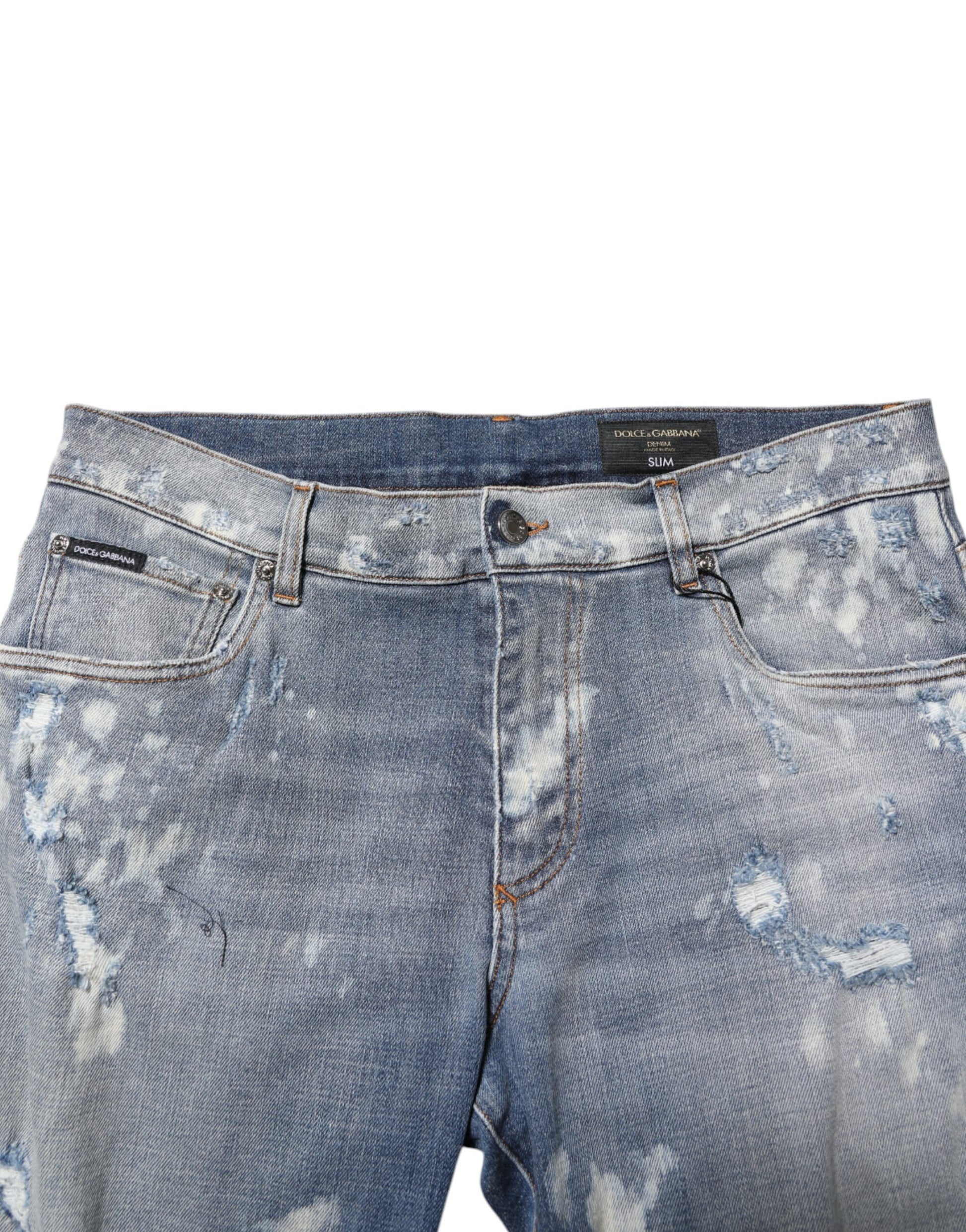 Blue Cotton Tattered Slim Fit Men Denim Jeans