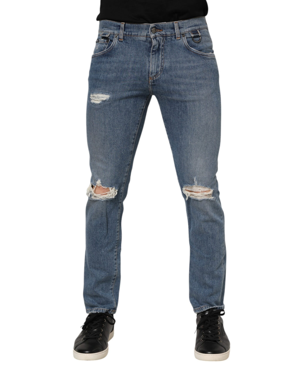 Blue Cotton Tattered Skinny Logo Denim Jeans