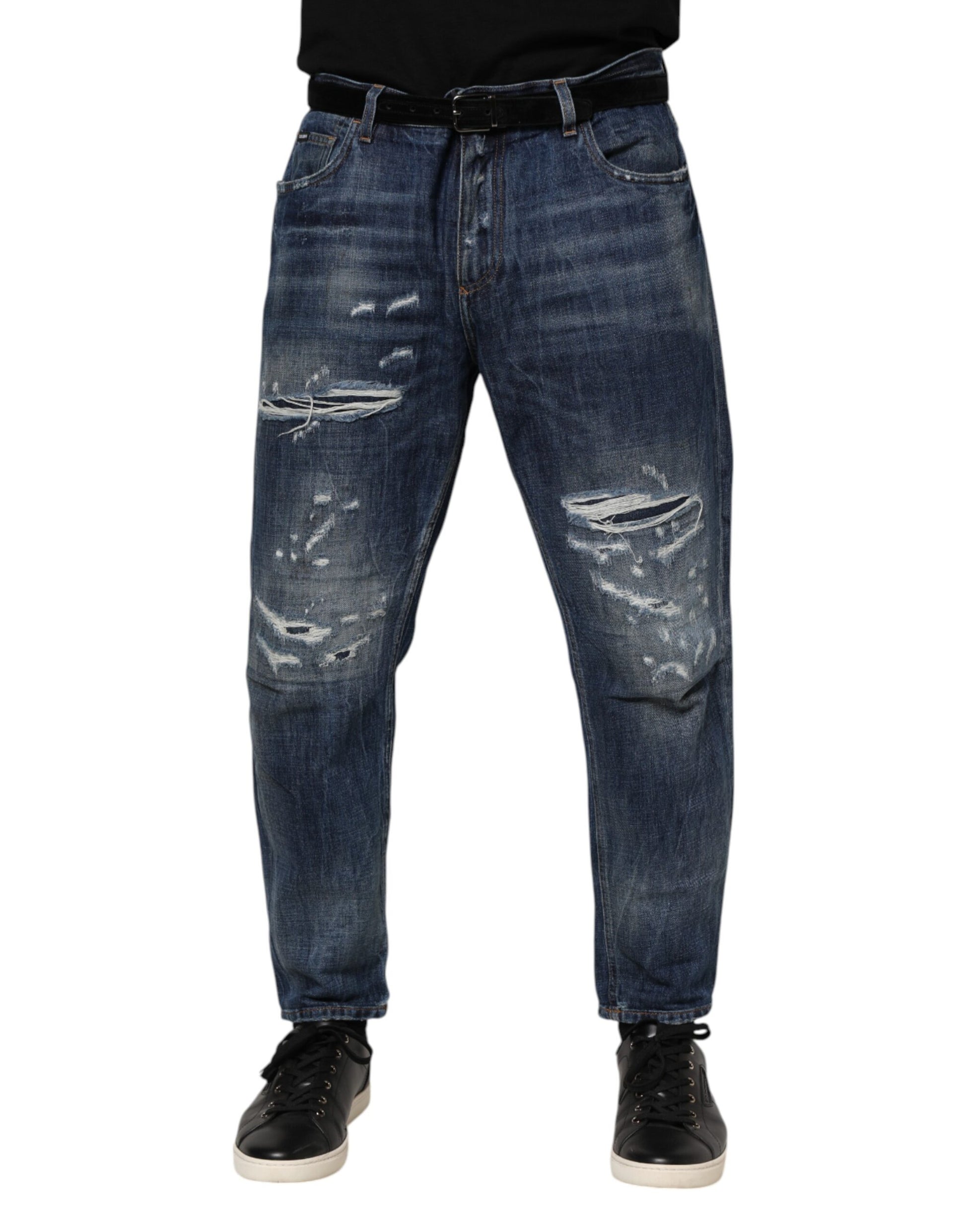 Blue Cotton Tattered Tapered Men Denim Jeans