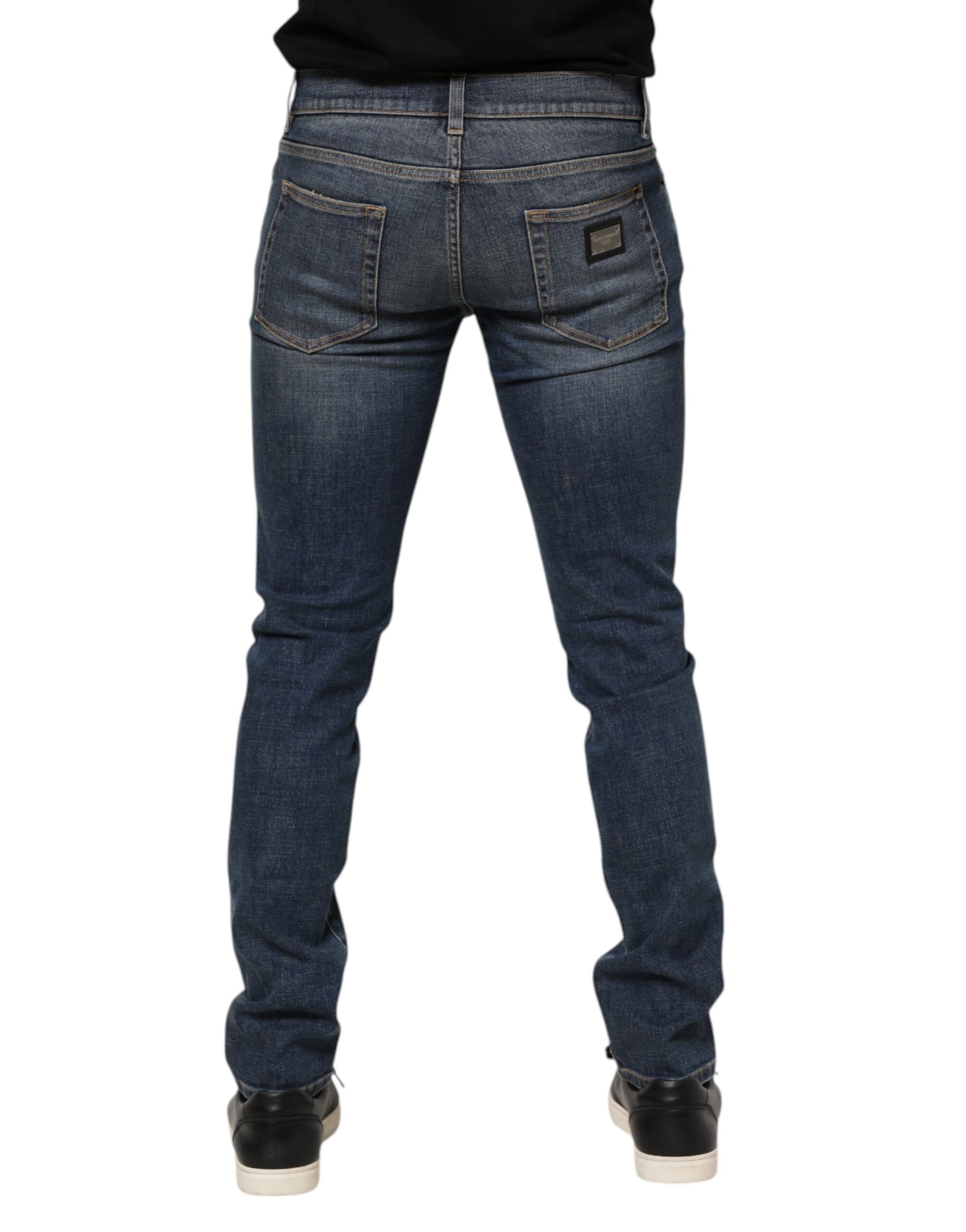 Blue Washed Skinny Logo Plaque Men Denim Jeans