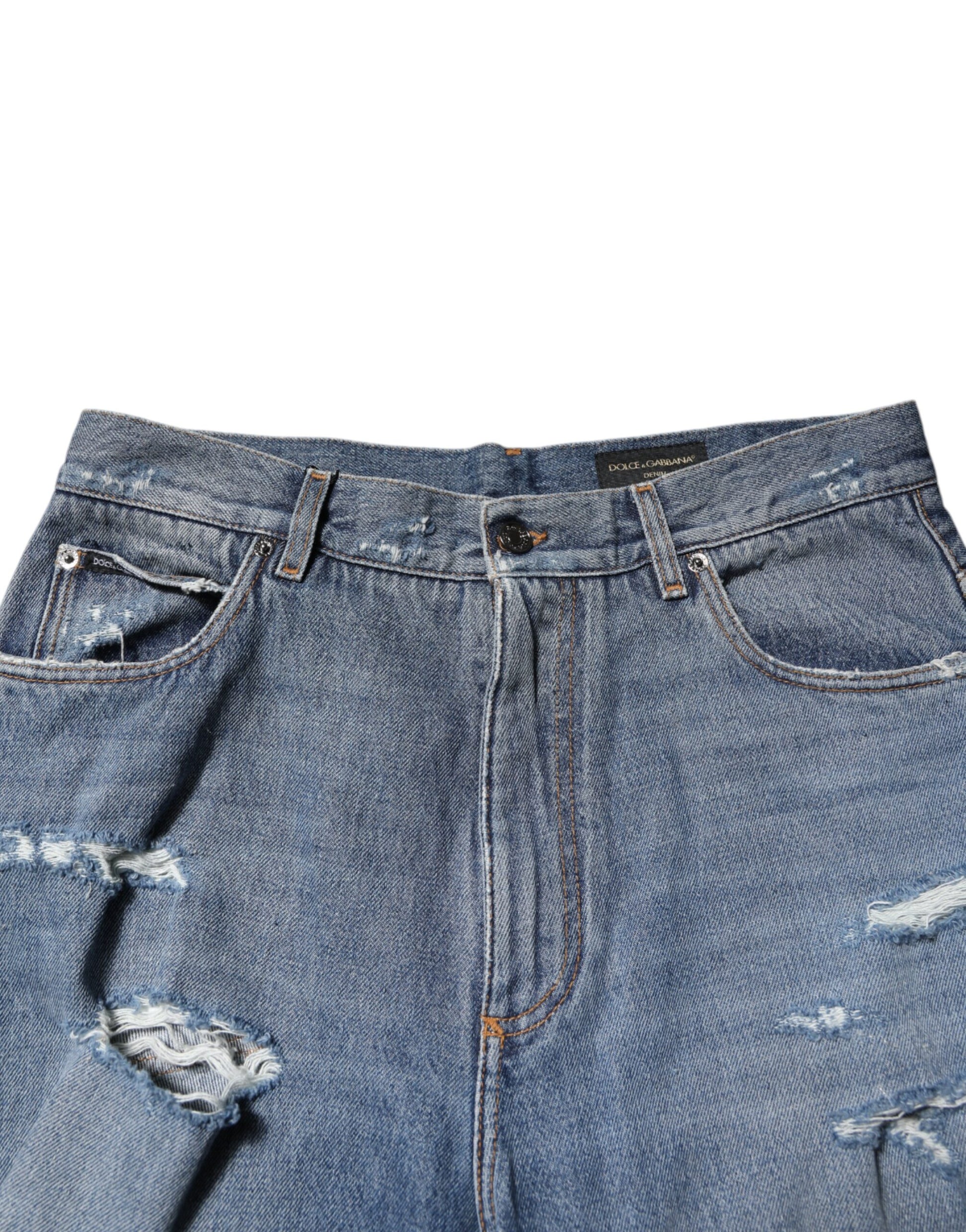 Blue Tattered Cotton Logo Plaque Denim Jeans