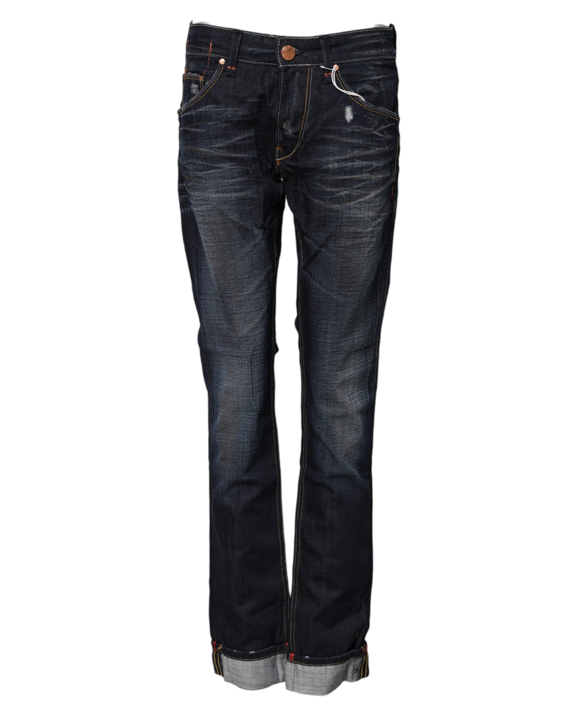 Blue Washed Cotton Mid Waist Flared Denim Jeans