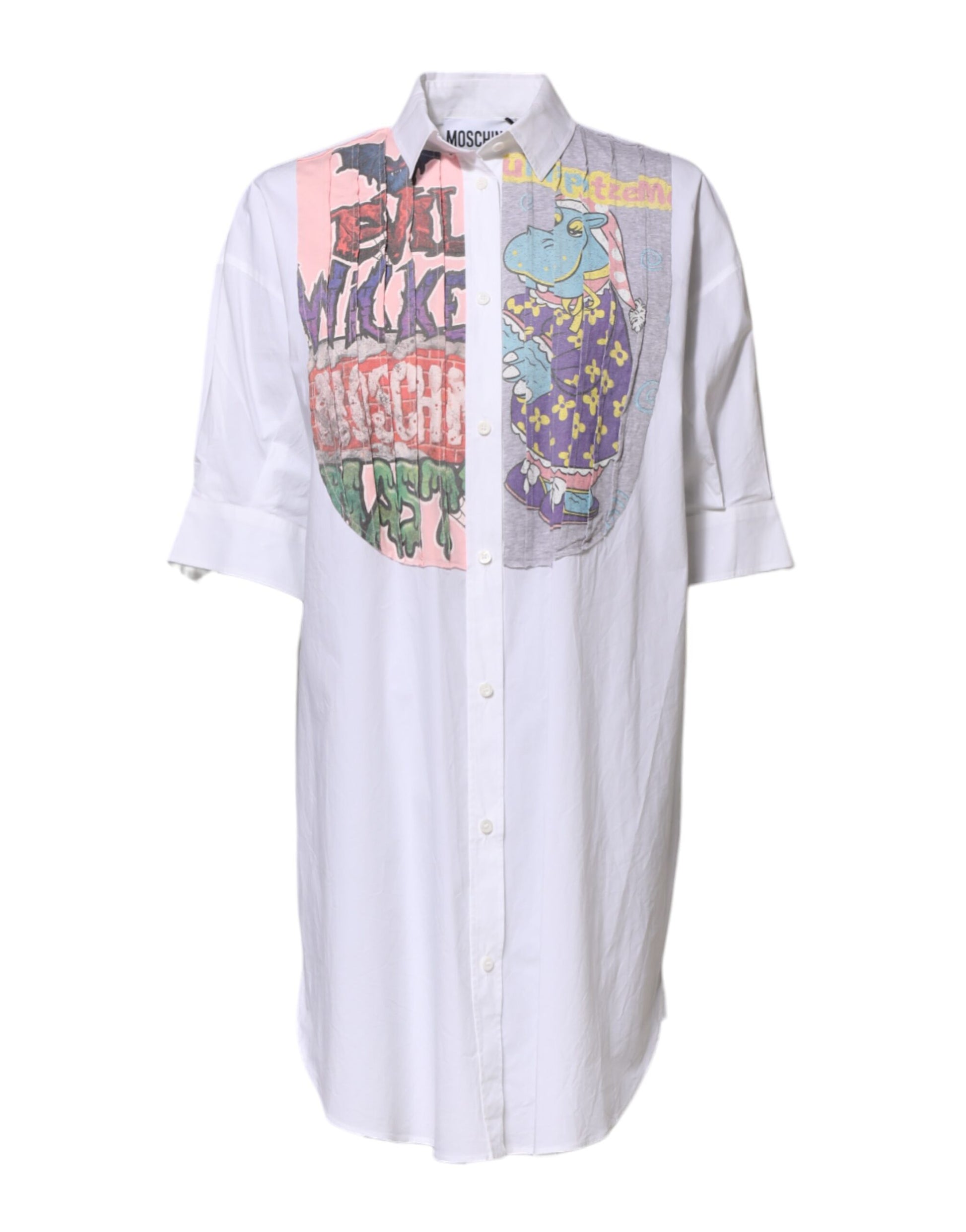 White Printed Collared Button Mini Shirt Dress