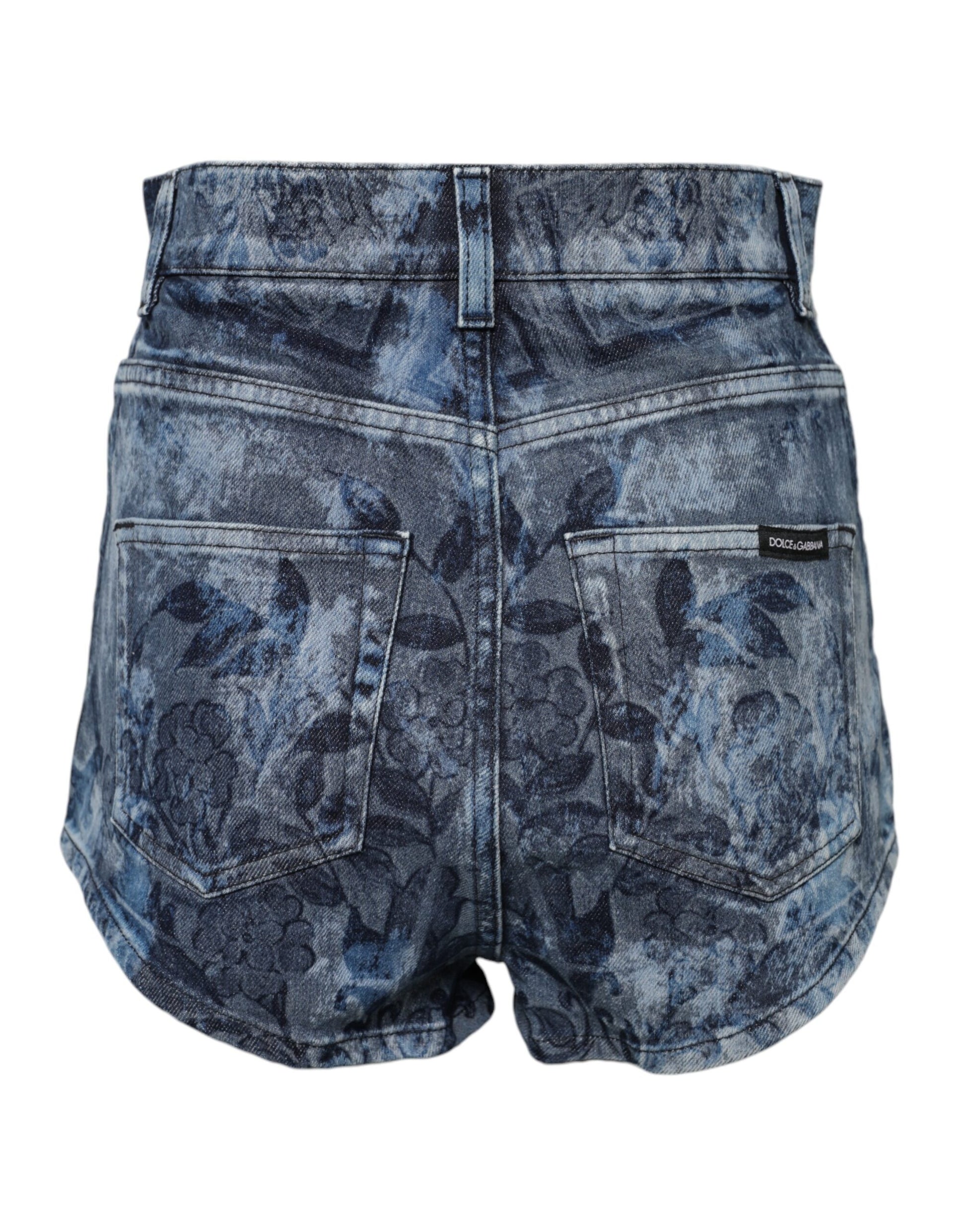 Blue Floral Print Denim Cotton Hot Pants Shorts