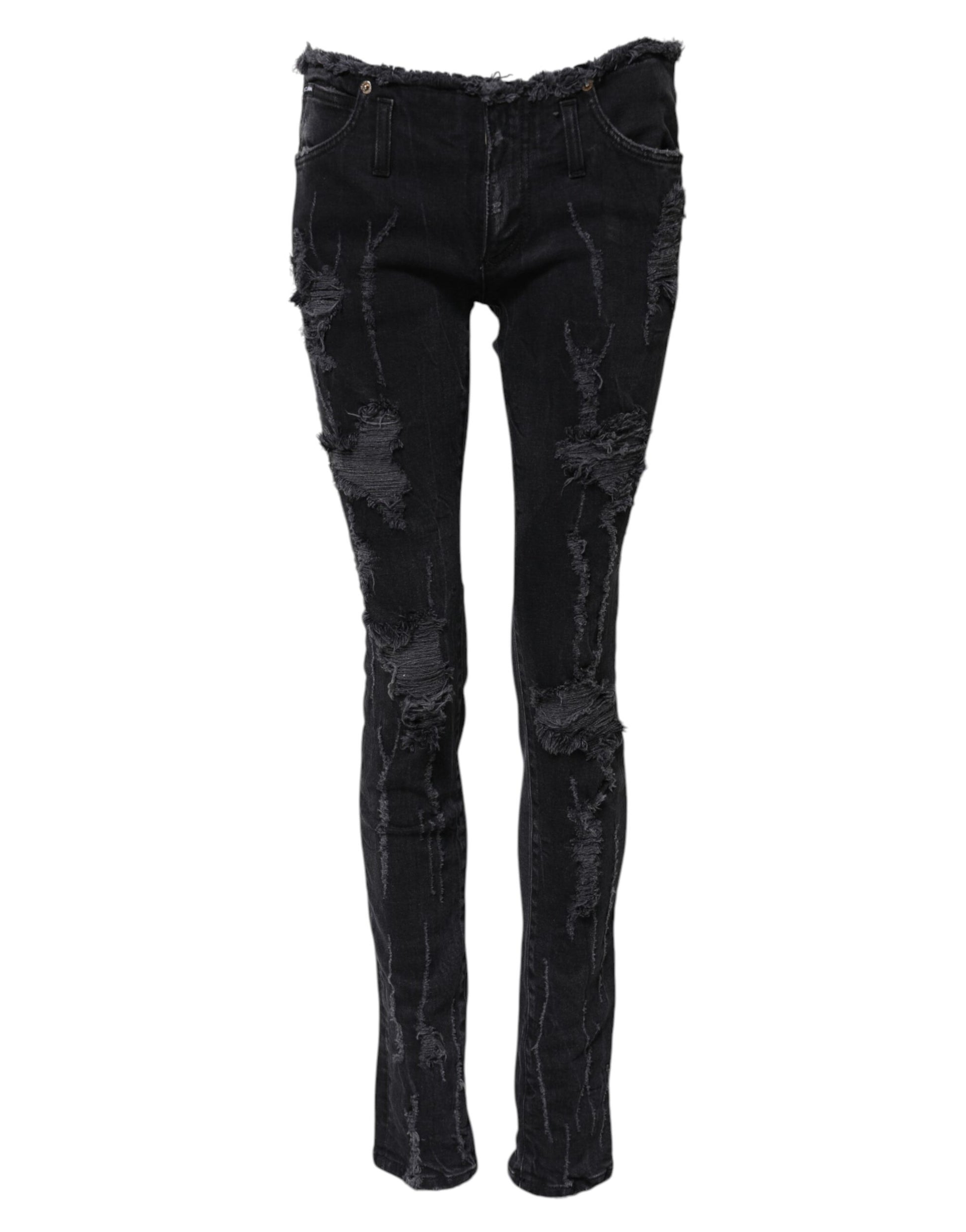 Black Cotton Tattered Skinny Denim Jeans