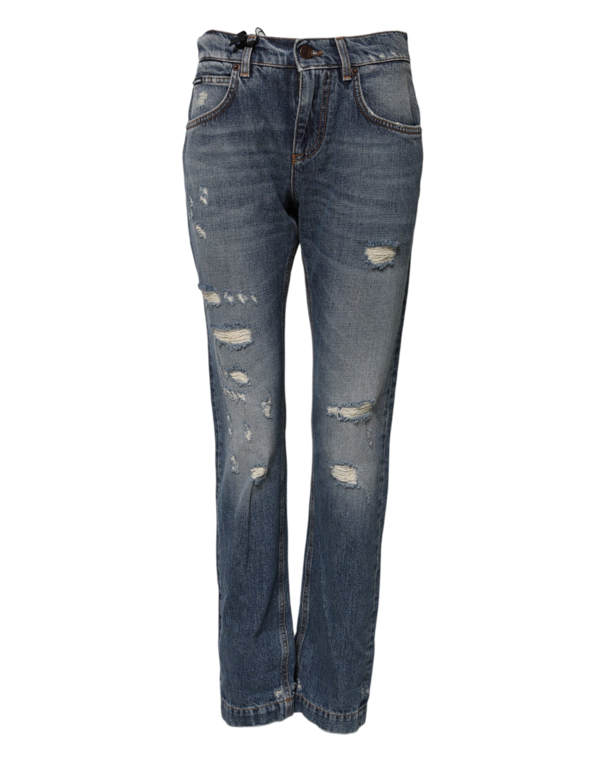 Blue Cotton Boyfriend Tattered Denim Jeans
