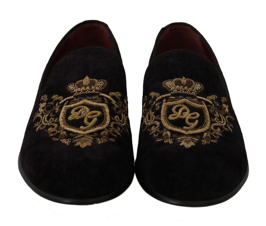 Loafers Black Velvet Gold Crown