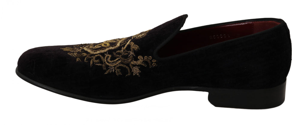 Loafers Black Velvet Gold Crown