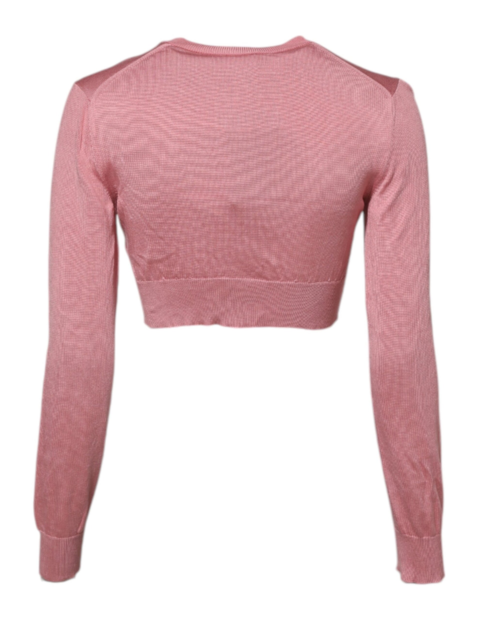 Pink Silk Cropped Crew Neck Cardigan Sweater